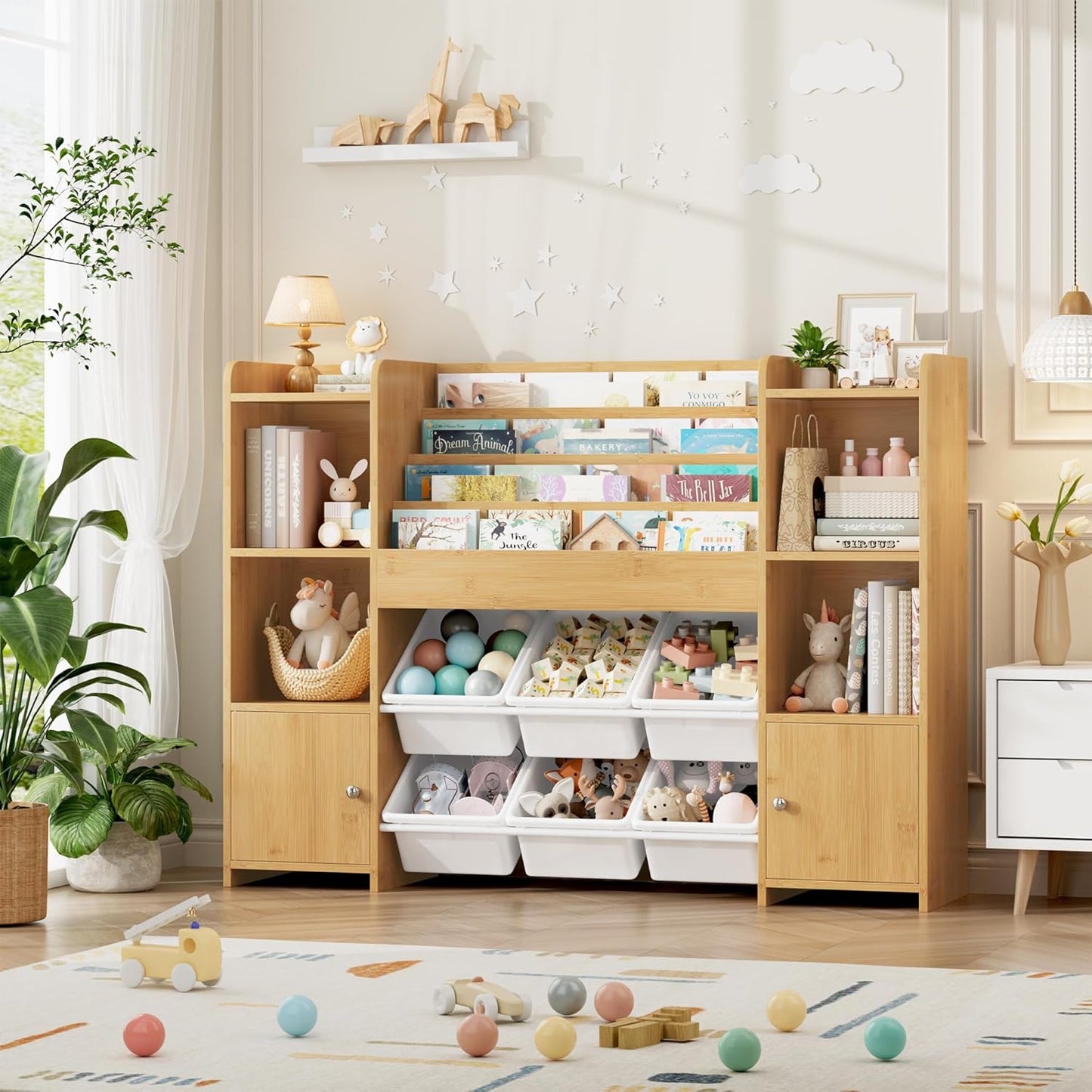 FINETONES Toy Storage Organizer with 6 Toy Bins, Toy Organizer Kids Bookshelf with 6 Cubbies, Toy Organizers and Storage Bins Playroom Storage for Kids Room, White