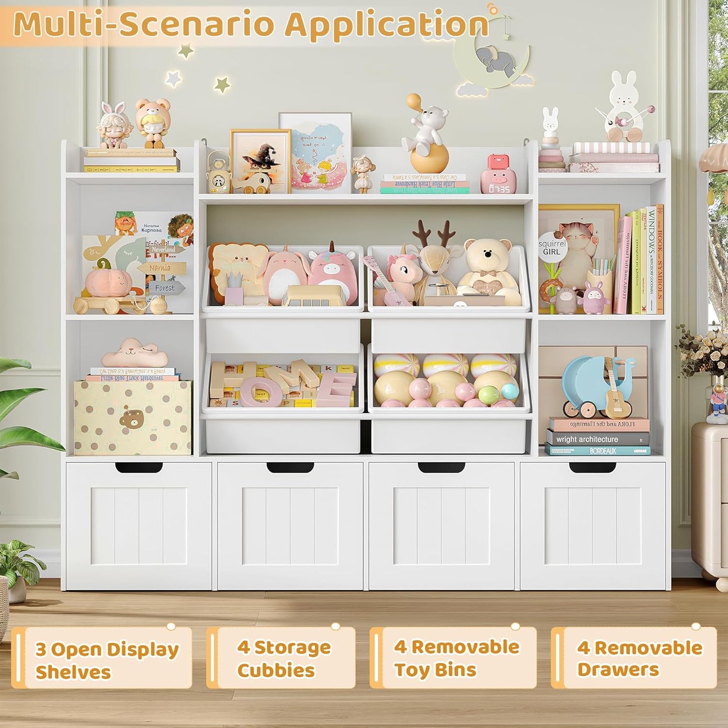 Toy Storage Organizer, Toy Organizer with 4 Movable Drawers and 4 Box Bins, Kids Playroom Storage Organization with Hidden Wheels for Living Room, Kids Room