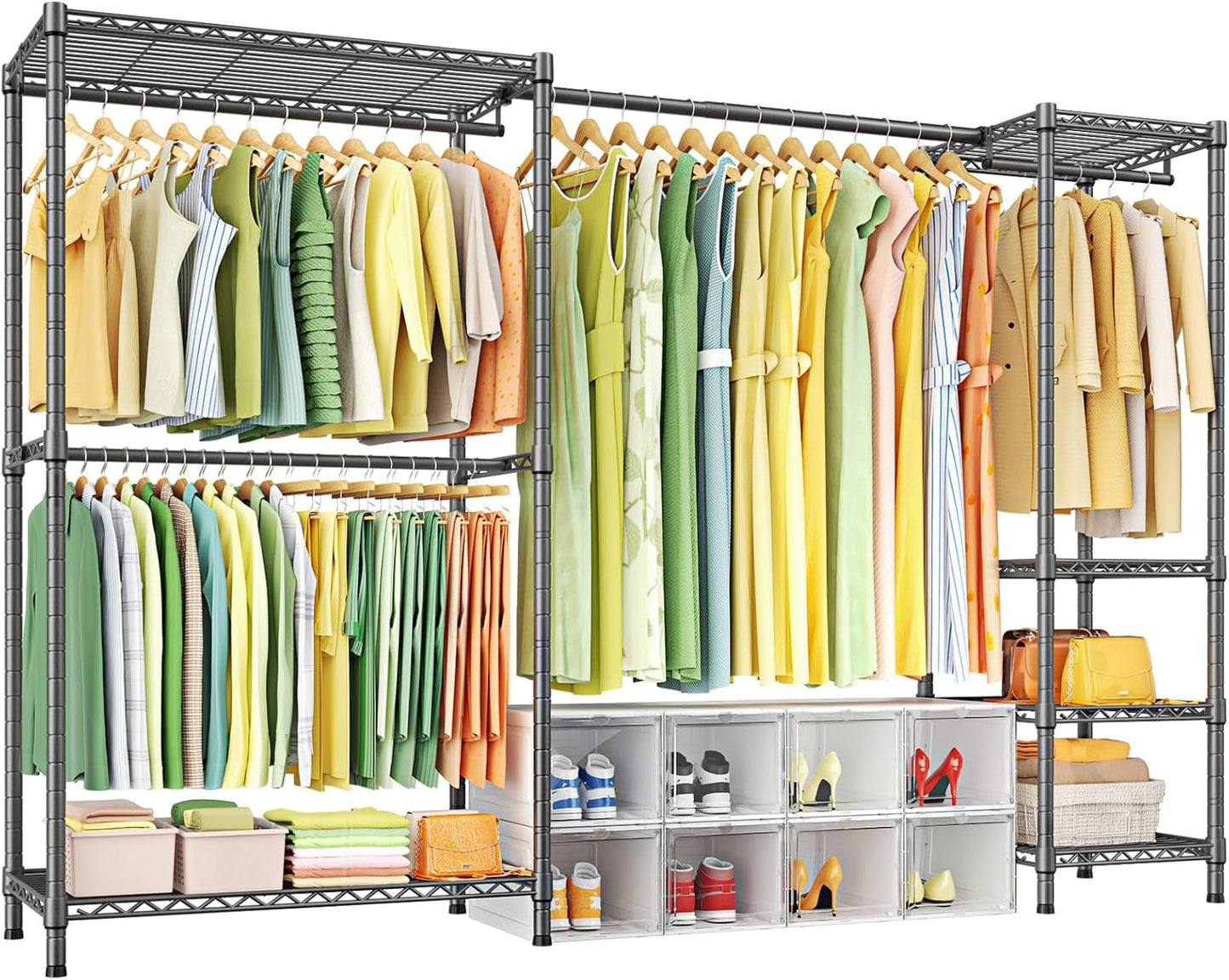 Ulif E10 Clothes Rack（With Stretchable Hanger Rod）Freestanding Clothing Racks for Hanging Clothes，Adjustable Closet Organizer System，Portable Garment Rack 73-97"W x 15" D x 72" H，Max Load 800LBS，Black