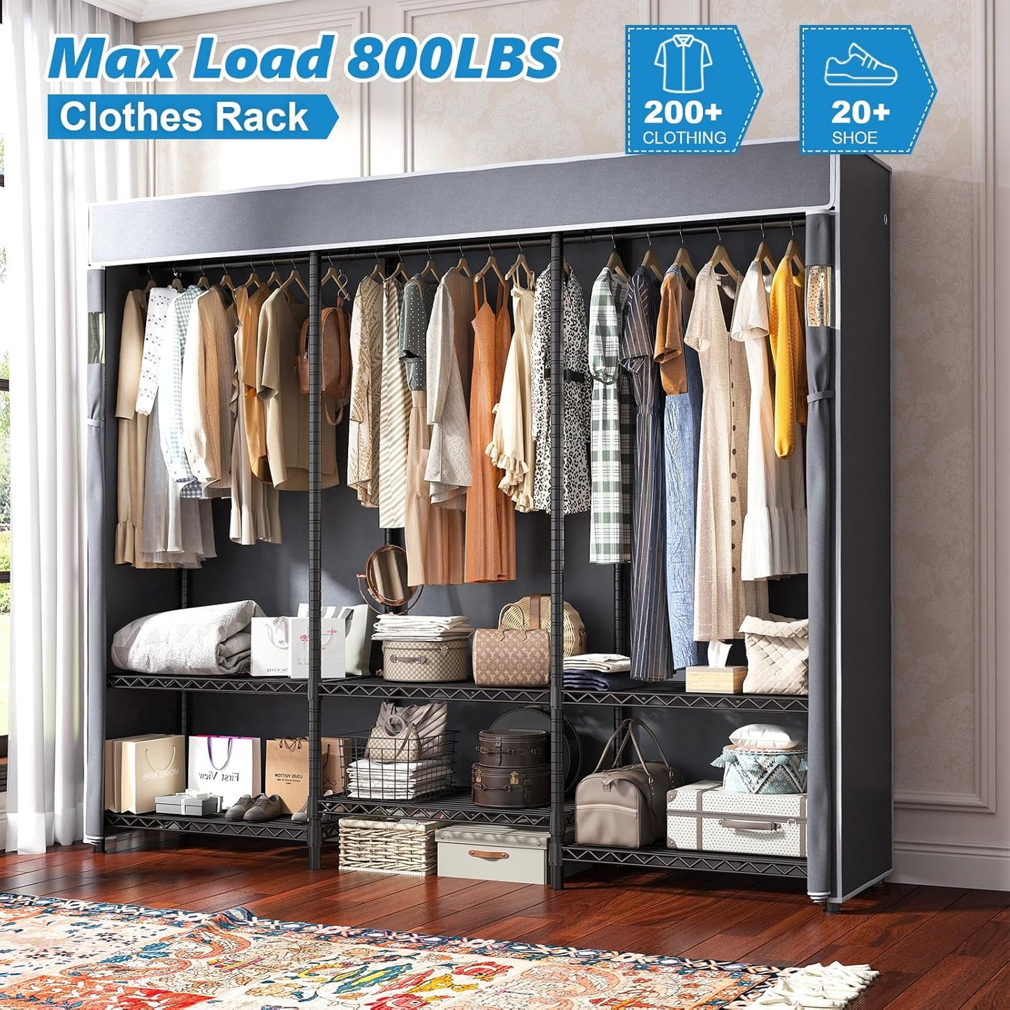 Raybee Heavy Duty Clothes Rack with Cover 800 LBS Clothing Racks for Hanging Clothes Portable Closet for Bedroom 56" Wx 16" Dx75.5 H