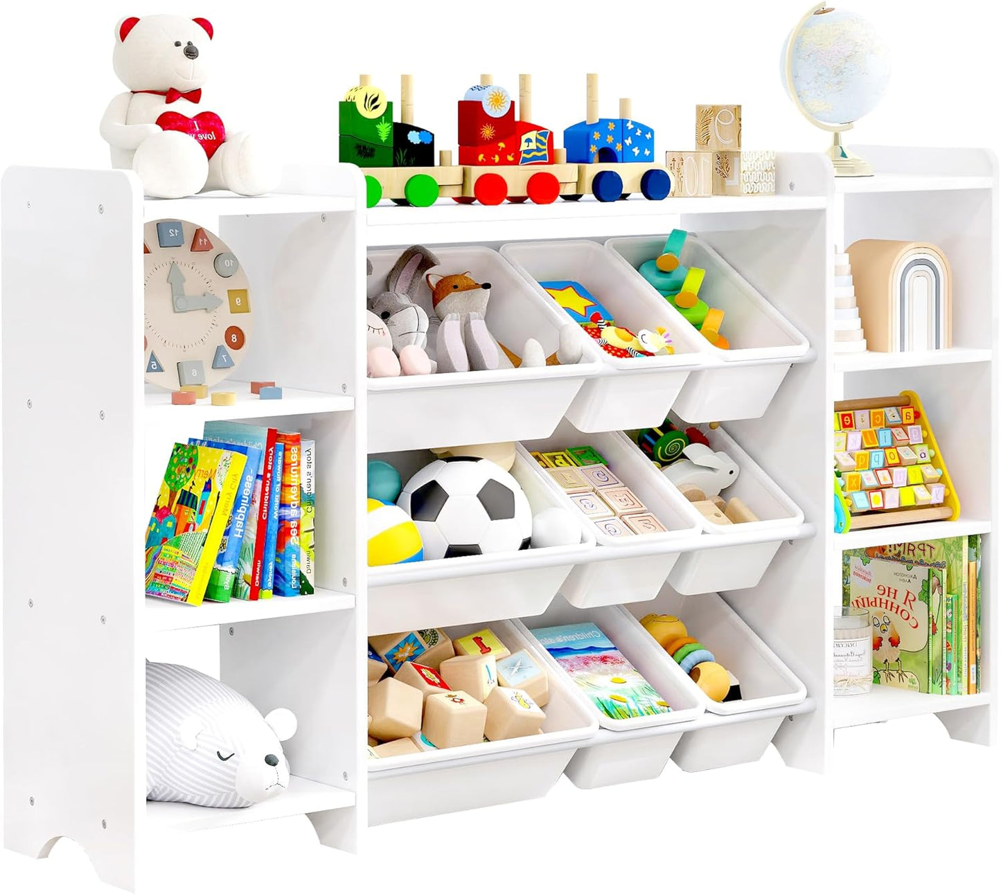 MallBest 4-Tier Kids' Toy Storage Organizer Shelf - 100% Solid Wood,Extra Wide Children's Storage Cabinet with 9 Plastic Bins and 6 Storage Ports