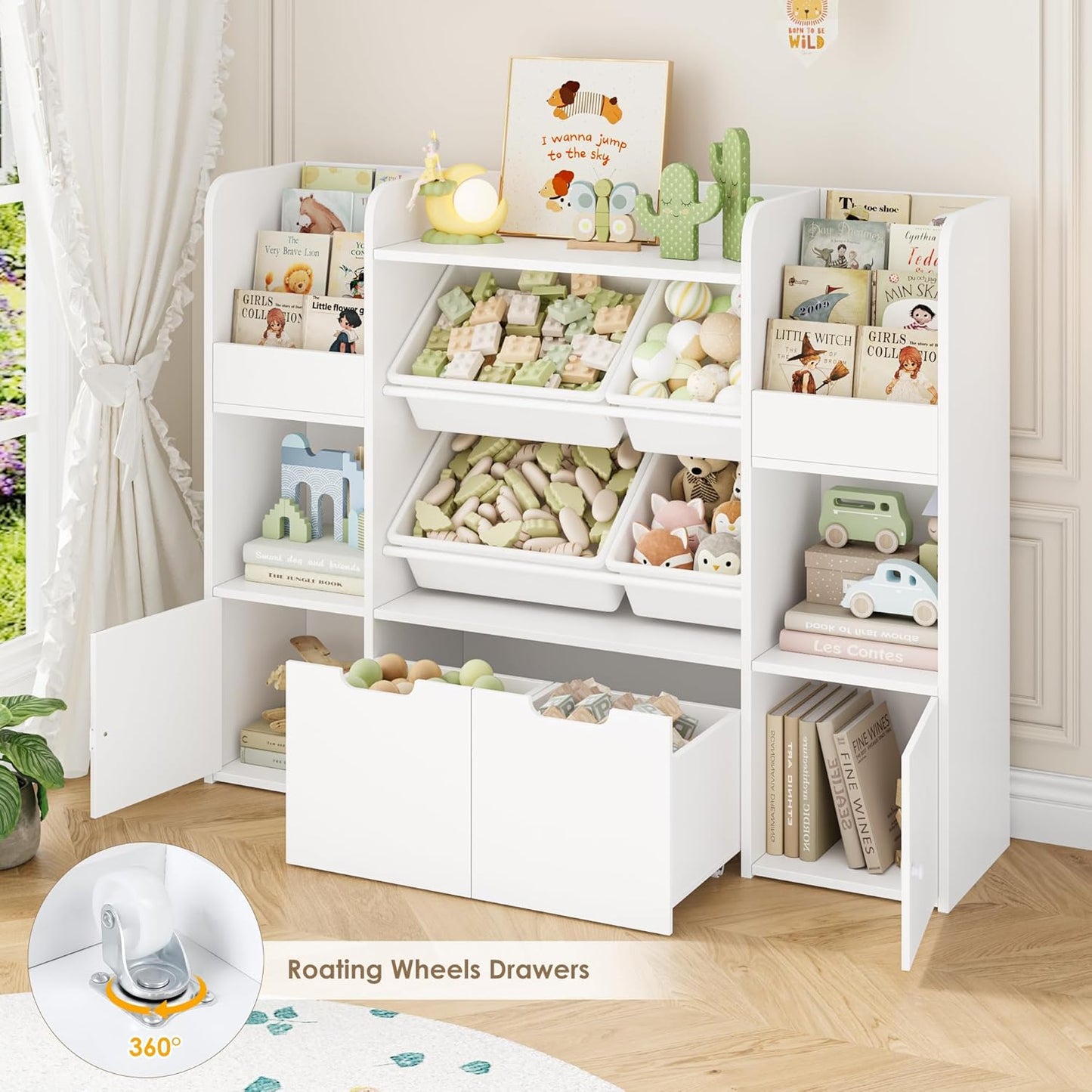 FINETONES 50'' Large Toy Storage Organizer with 4 Toy Bins, 6 Storage Cubbies and 2 Movable Drawers, Bookshelf for Kids, Playroom Organization and Bins, White