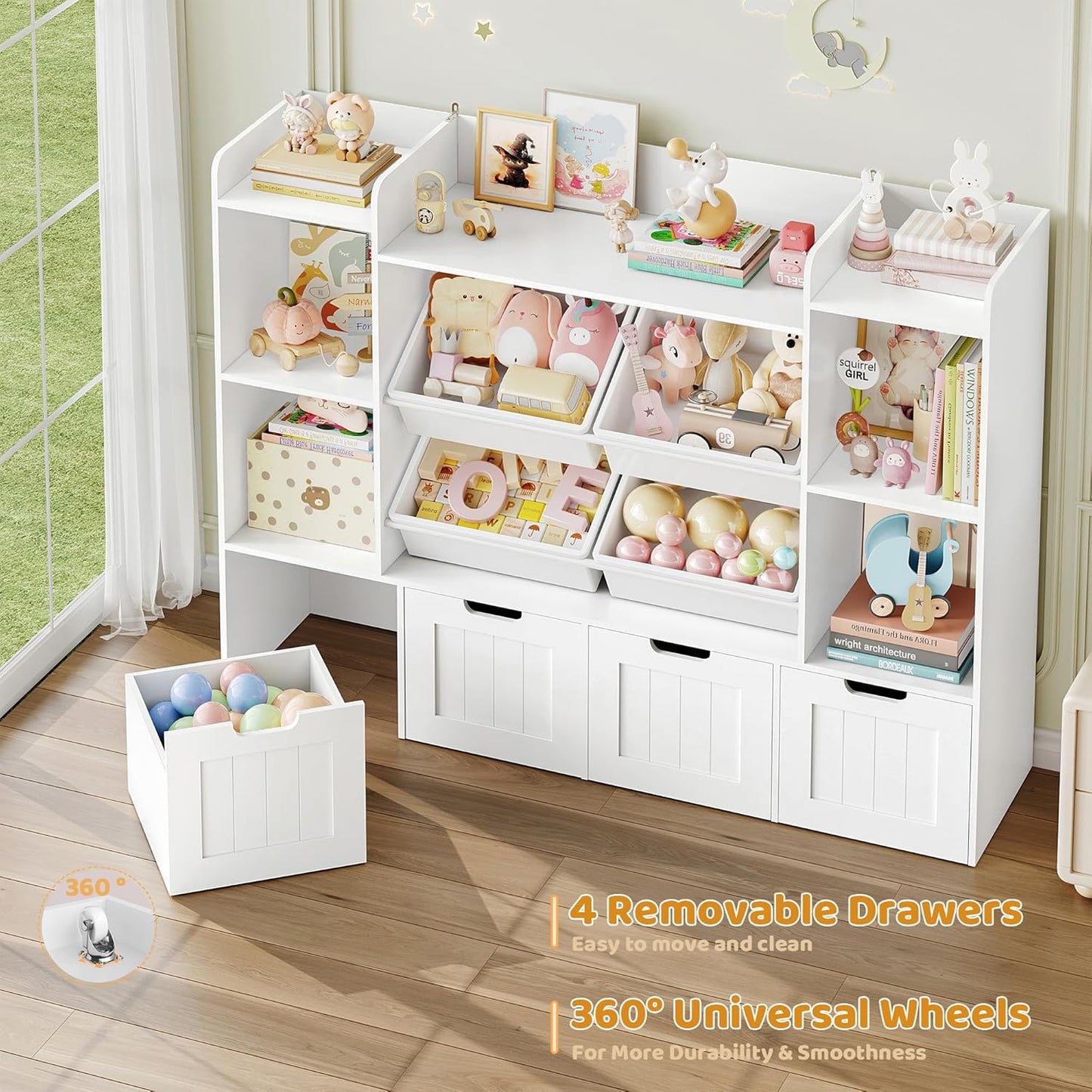 Toy Storage Organizer, Toy Organizer with 4 Movable Drawers and 4 Box Bins, Kids Playroom Storage Organization with Hidden Wheels for Living Room, Kids Room