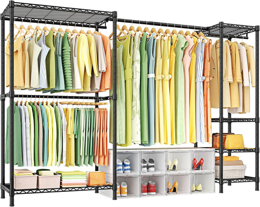 Ulif E10 Clothes Rack（With Stretchable Hanger Rod）Freestanding Clothing Racks for Hanging Clothes，Adjustable Closet Organizer System，Portable Garment Rack 73-97"W x 15" D x 72" H，Max Load 800LBS，Black