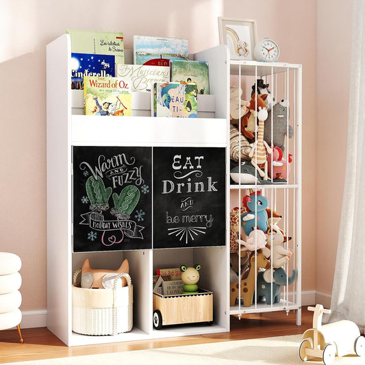 Multifunctional Kid Bookshelf and Toy Storage Organizer W/4 Storage Cubbies& Chalkboards, 4 in 1 39.5" Tall 3-Tier Bookshelf for Kids with 4 Tier Stuffed Animal Net for Kids Rooms, Bedroom,Playroom
