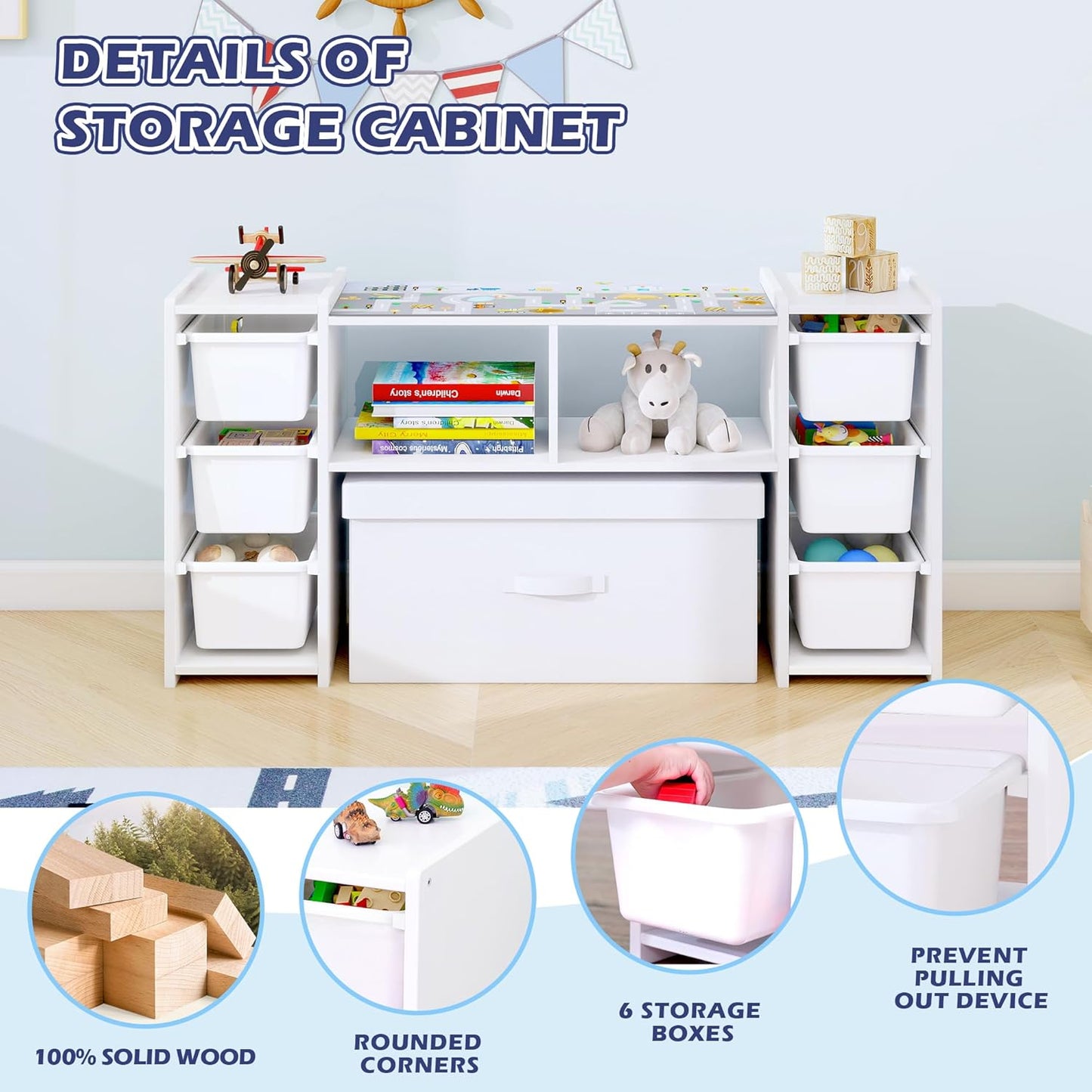 MallBest Kids' Toy Storage Organizer Shelf - 100% Solid Wood,Children's Storage Cabinet with 6 Plastic Bins，Playroom, Children's Room(White)