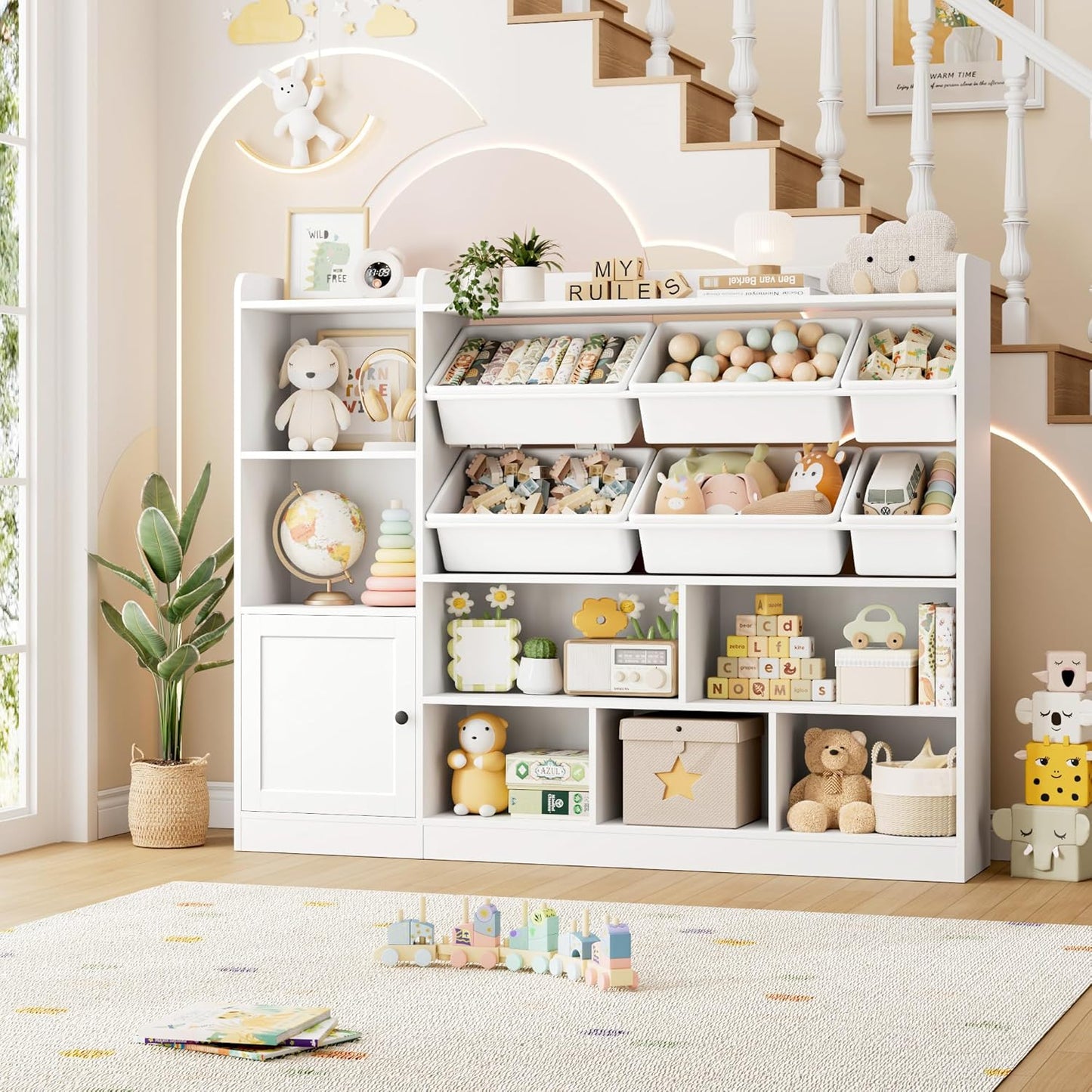 Toy Storage Organizer, 55” Wide Toy Organizers and Storage with 8 Storage Cubbies & 6 Toy Bins, Large Toy Box with Bookshelf, Playroom Storage for Playroom, White