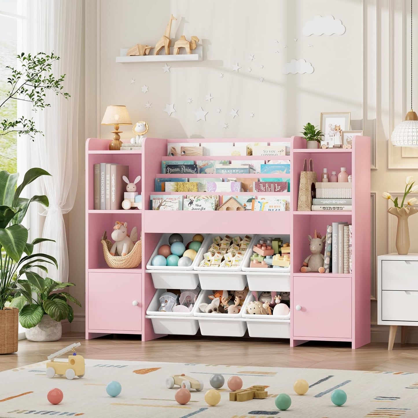 FINETONES Toy Storage Organizer with 6 Toy Bins, Toy Organizer Kids Bookshelf with 6 Cubbies, Toy Organizers and Storage Bins Playroom Storage for Kids Room, White