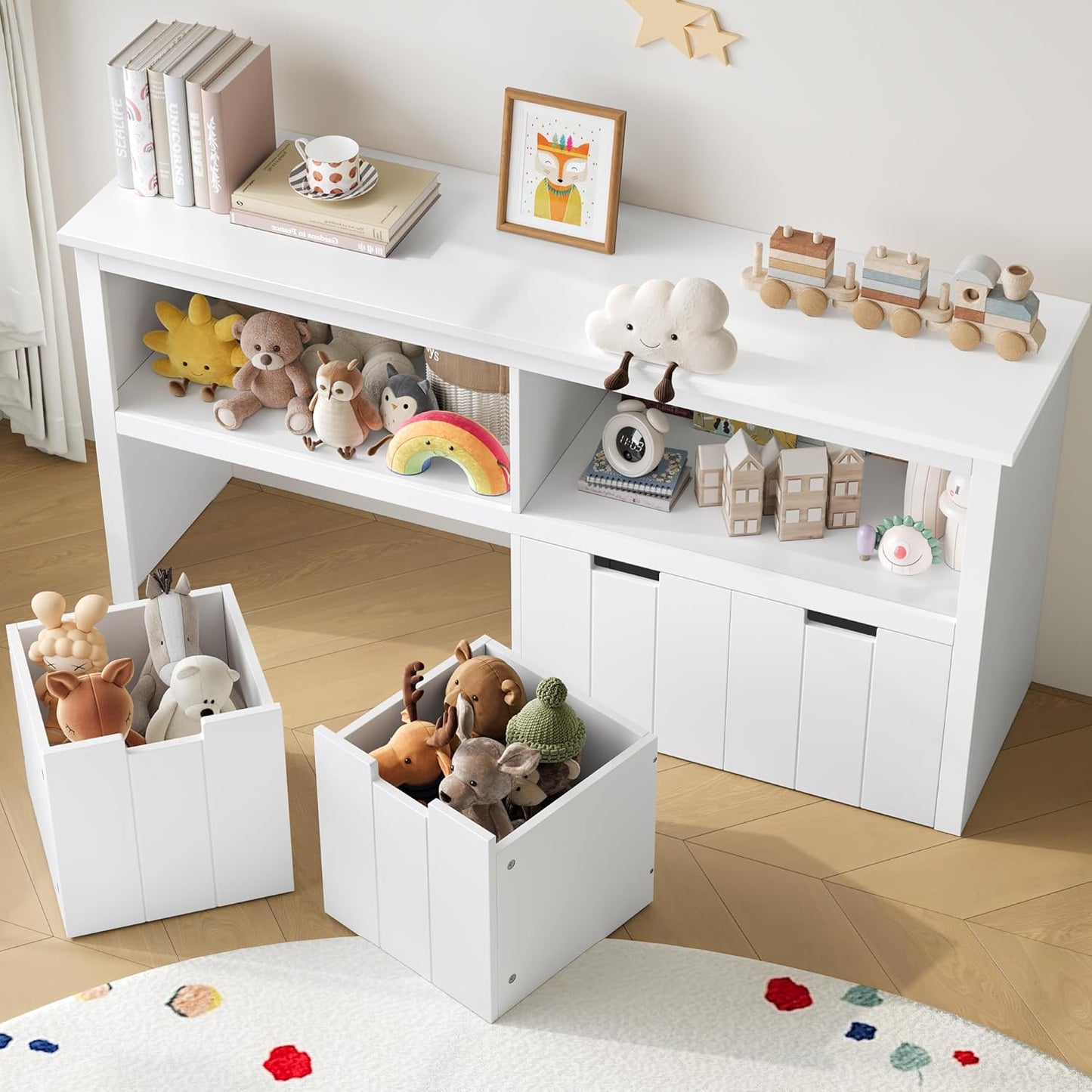 Toy Storage Organizer, Toy Organizers and Storage with Hidden Wheel, Small Bookcase and Bookshelf with 4 Movable Drawers, Playroom Organization and Storage for Living Room