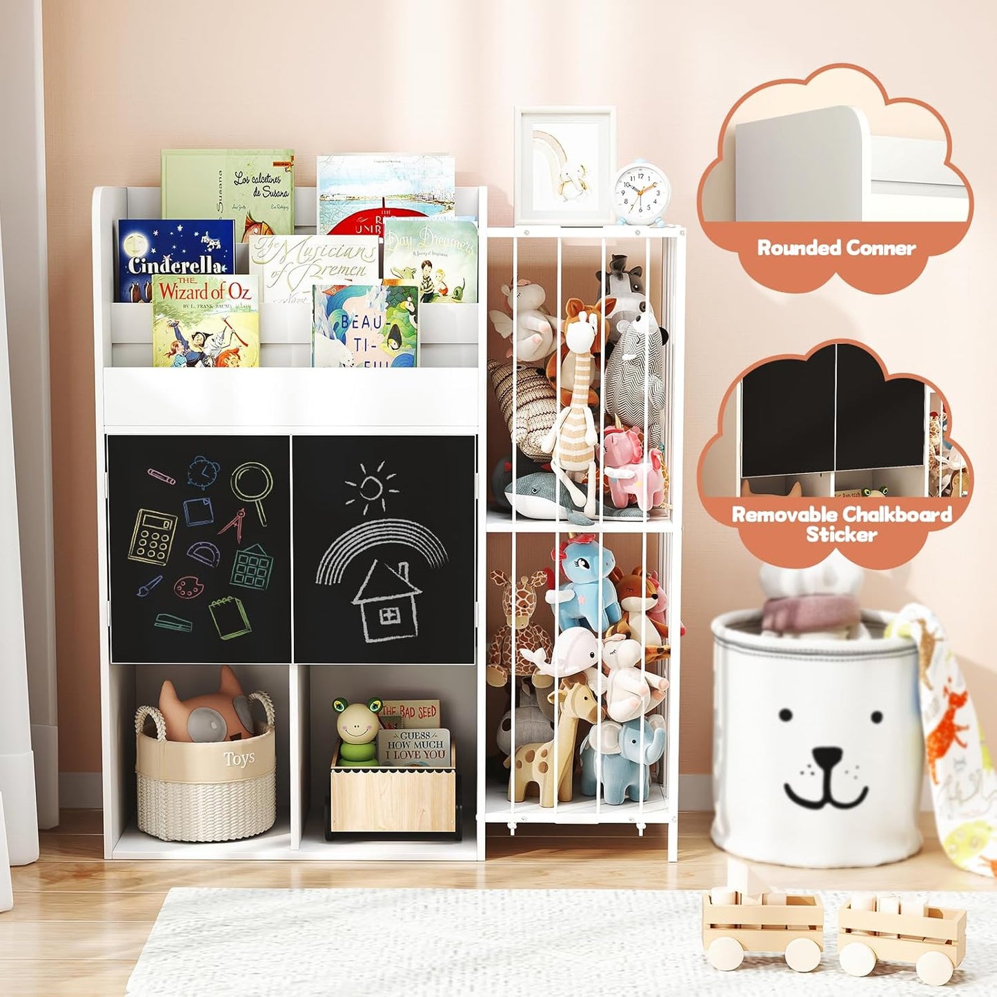 Multifunctional Kid Bookshelf and Toy Storage Organizer W/4 Storage Cubbies& Chalkboards, 4 in 1 39.5" Tall 3-Tier Bookshelf for Kids with 4 Tier Stuffed Animal Net for Kids Rooms, Bedroom,Playroom