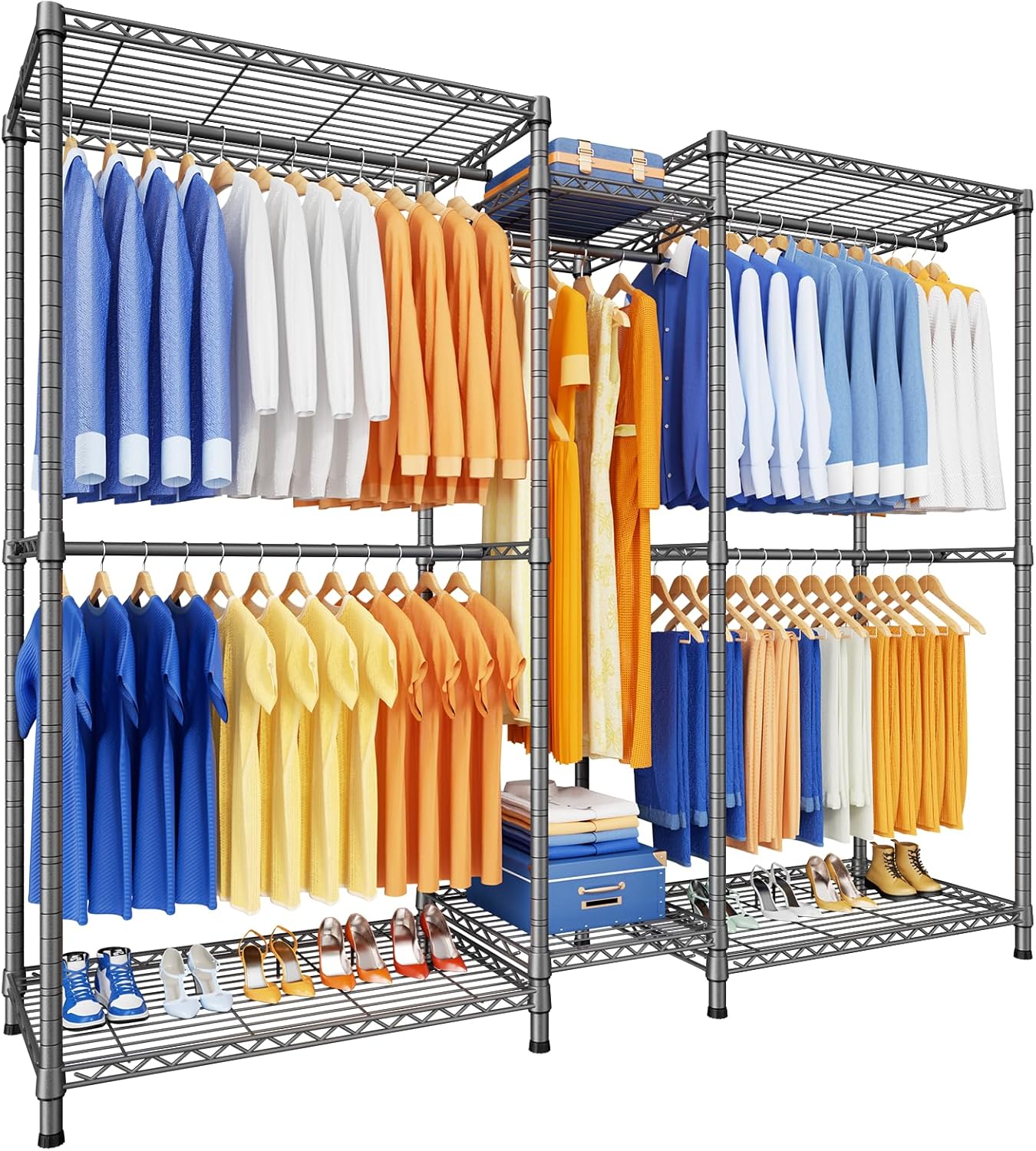 Ulif E12 Clothes Rack，Heavy Duty Freestanding Garment Rack with Shelves，Metal Clothing Closet Storage System for Hanging Clothes，71" W x 16" D x 76.5" H, Hold 960 lbs，Black