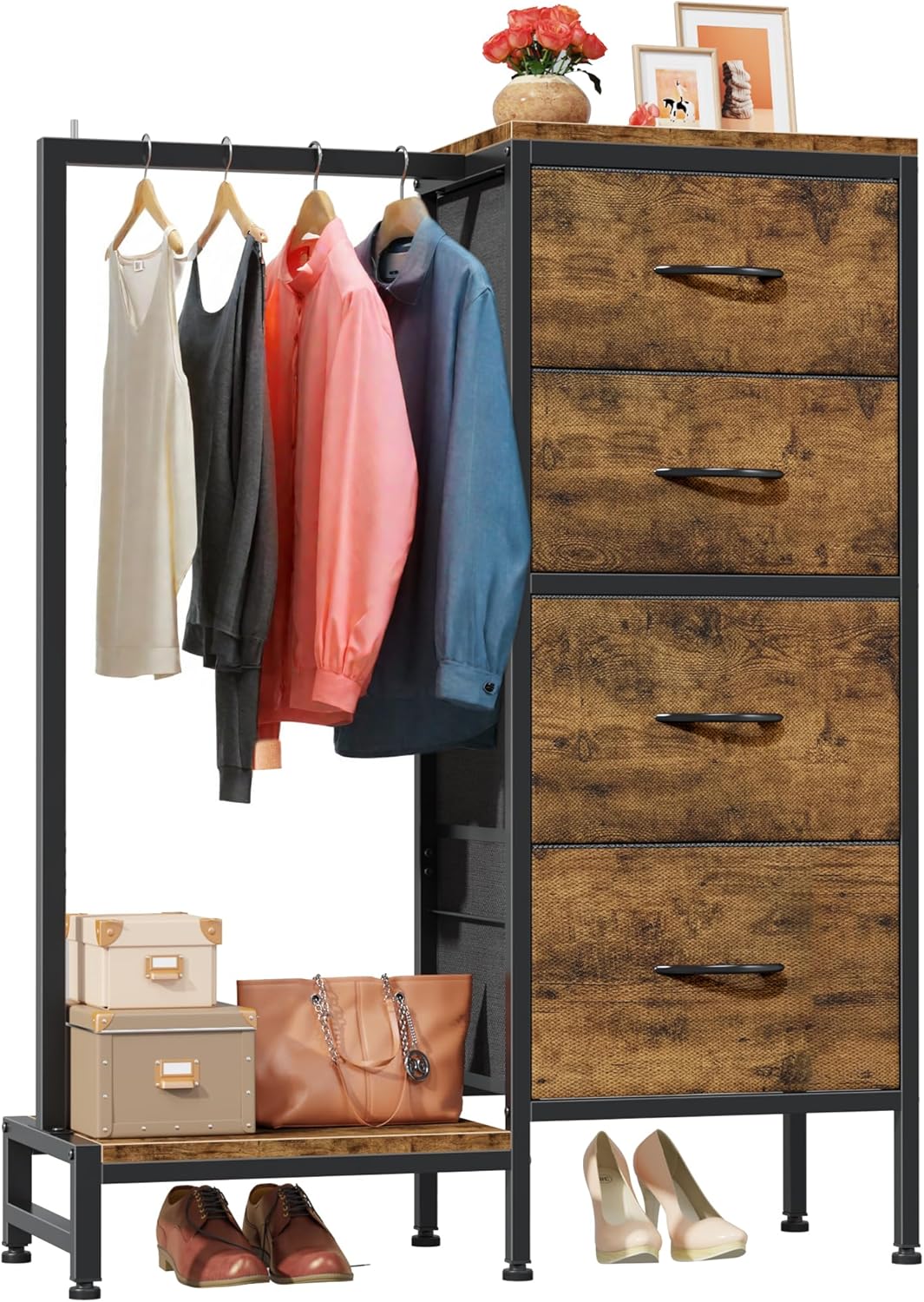 Dresser with Hanging Rack, 4 Drawers Small Closet for Bedroom, Reversible Fabric Kids Chest of Drawers with Clothes Rack, Tall Storage Tower, Sturdy Frame, Black, 44''H