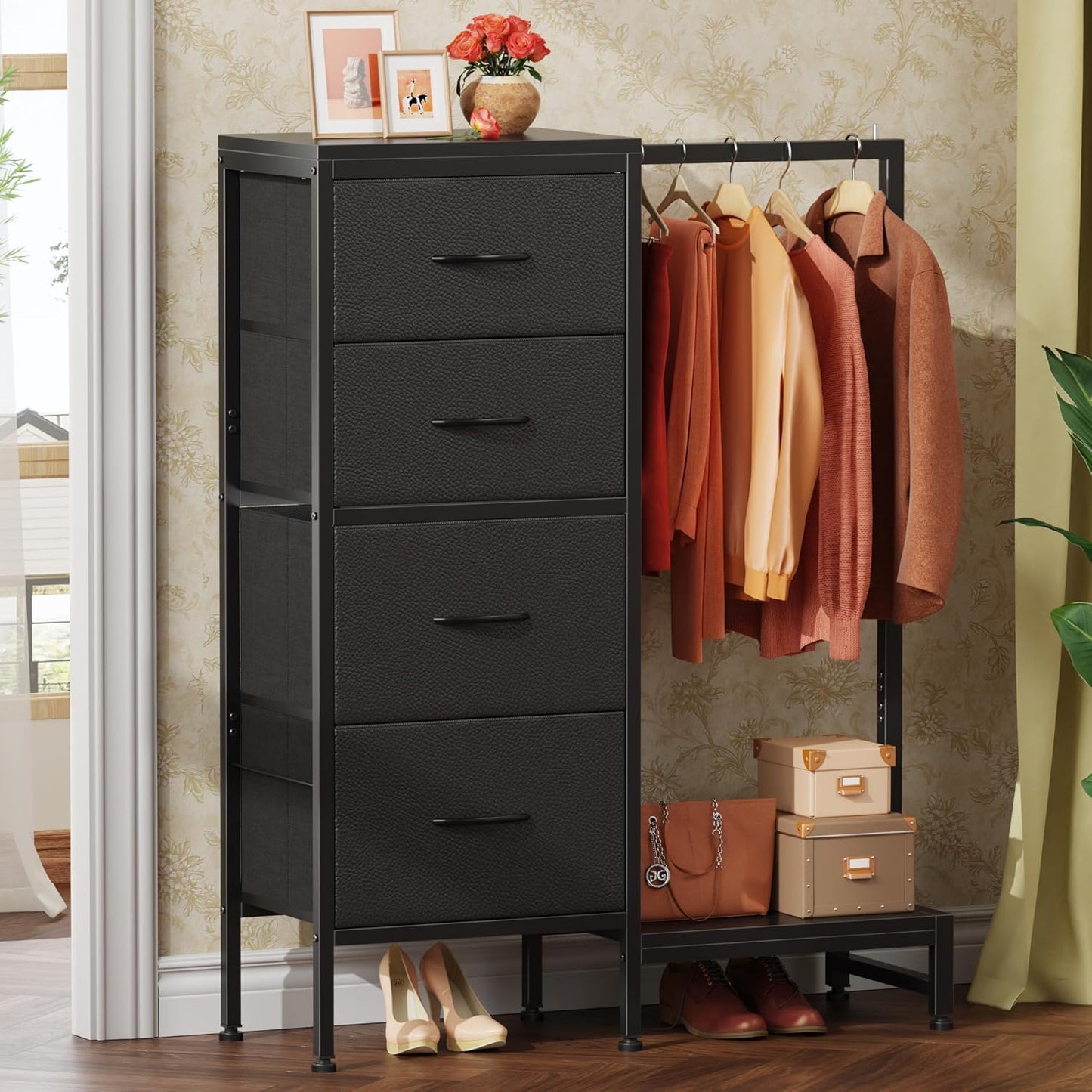Dresser with Hanging Rack, 4 Drawers Small Closet for Bedroom, Reversible Fabric Kids Chest of Drawers with Clothes Rack, Tall Storage Tower, Sturdy Frame, Black, 44''H