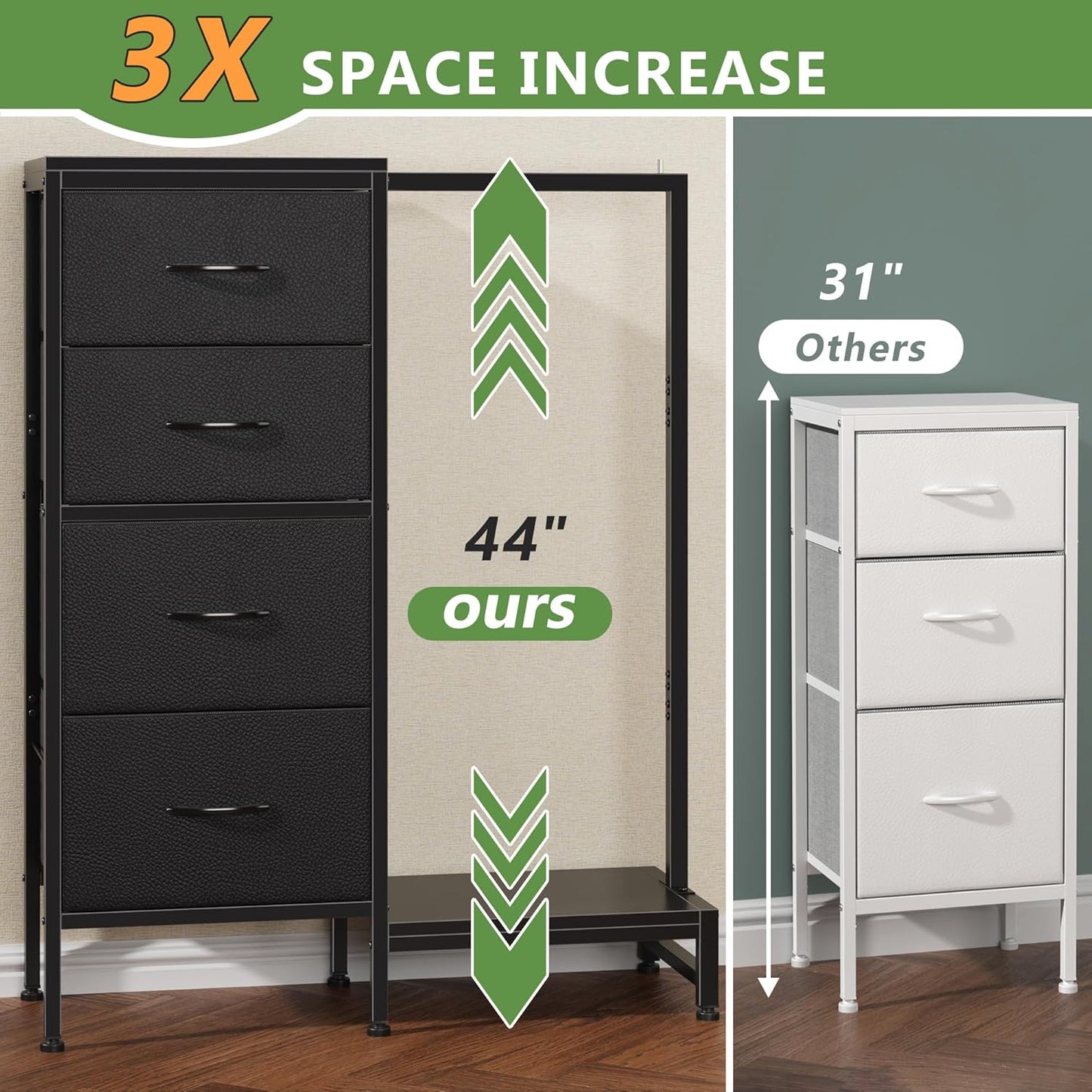 Dresser with Hanging Rack, 4 Drawers Small Closet for Bedroom, Reversible Fabric Kids Chest of Drawers with Clothes Rack, Tall Storage Tower, Sturdy Frame, Black, 44''H