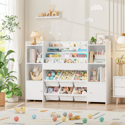 FINETONES Toy Storage Organizer with 6 Toy Bins, Toy Organizer Kids Bookshelf with 6 Cubbies, Toy Organizers and Storage Bins Playroom Storage for Kids Room, White