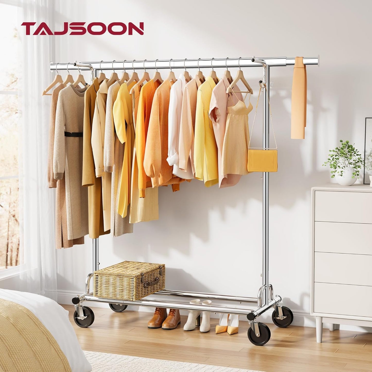 Tajsoon Clothes Rack with Cover, Heavy Duty Clothing Rack with Sturdy Wheels Load 350 LBS, Rolling Garment Racks with Extendable Hanging Rod & 4 Hooks, Chrome