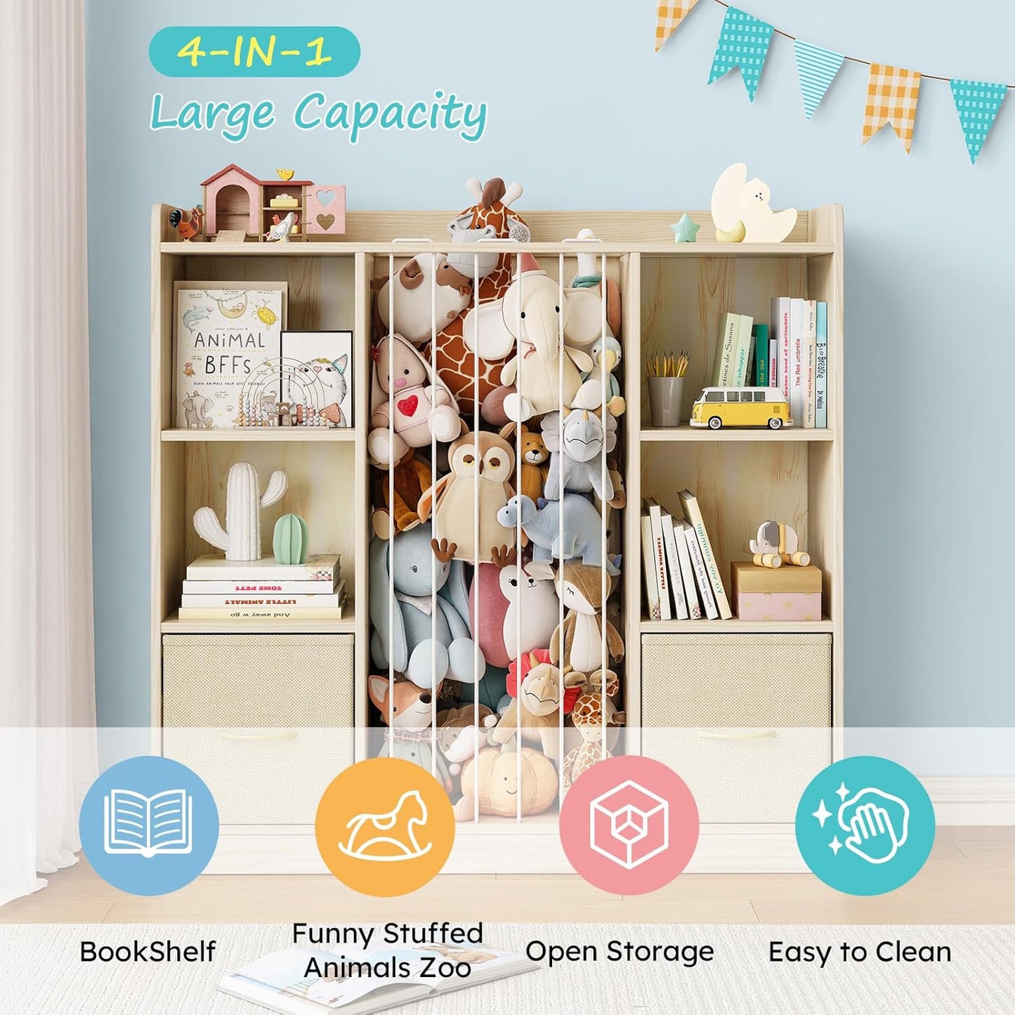 Toy Storage Organizer with Stuffed Animal Storage, Wooden Toy Organizer & Stuffed Animal Zoo, 6 Cubes Shelf with Removable Drawers, 4 -in-1 Book Shelf for Kids Room, Playroom, Nursery