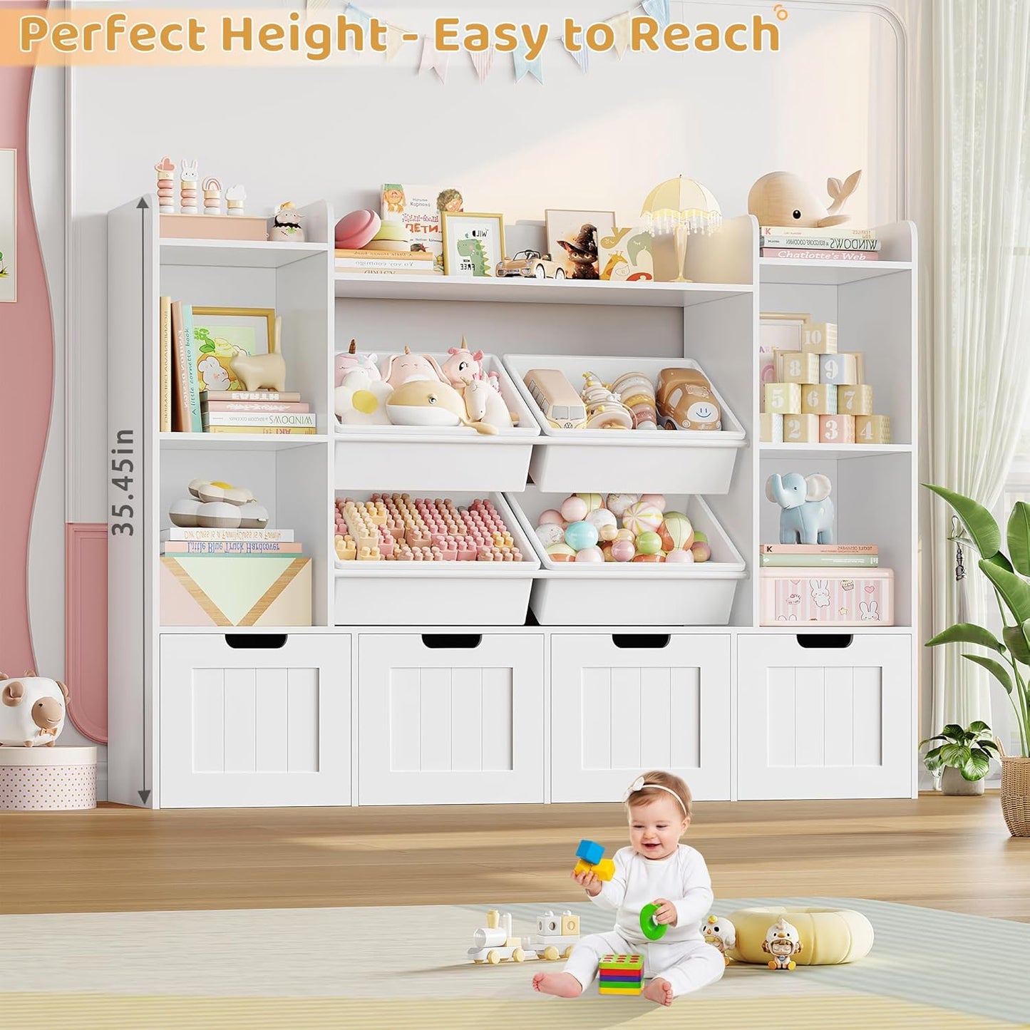 Toy Storage Organizer, Toy Organizer with 4 Movable Drawers and 4 Box Bins, Kids Playroom Storage Organization with Hidden Wheels for Living Room, Kids Room