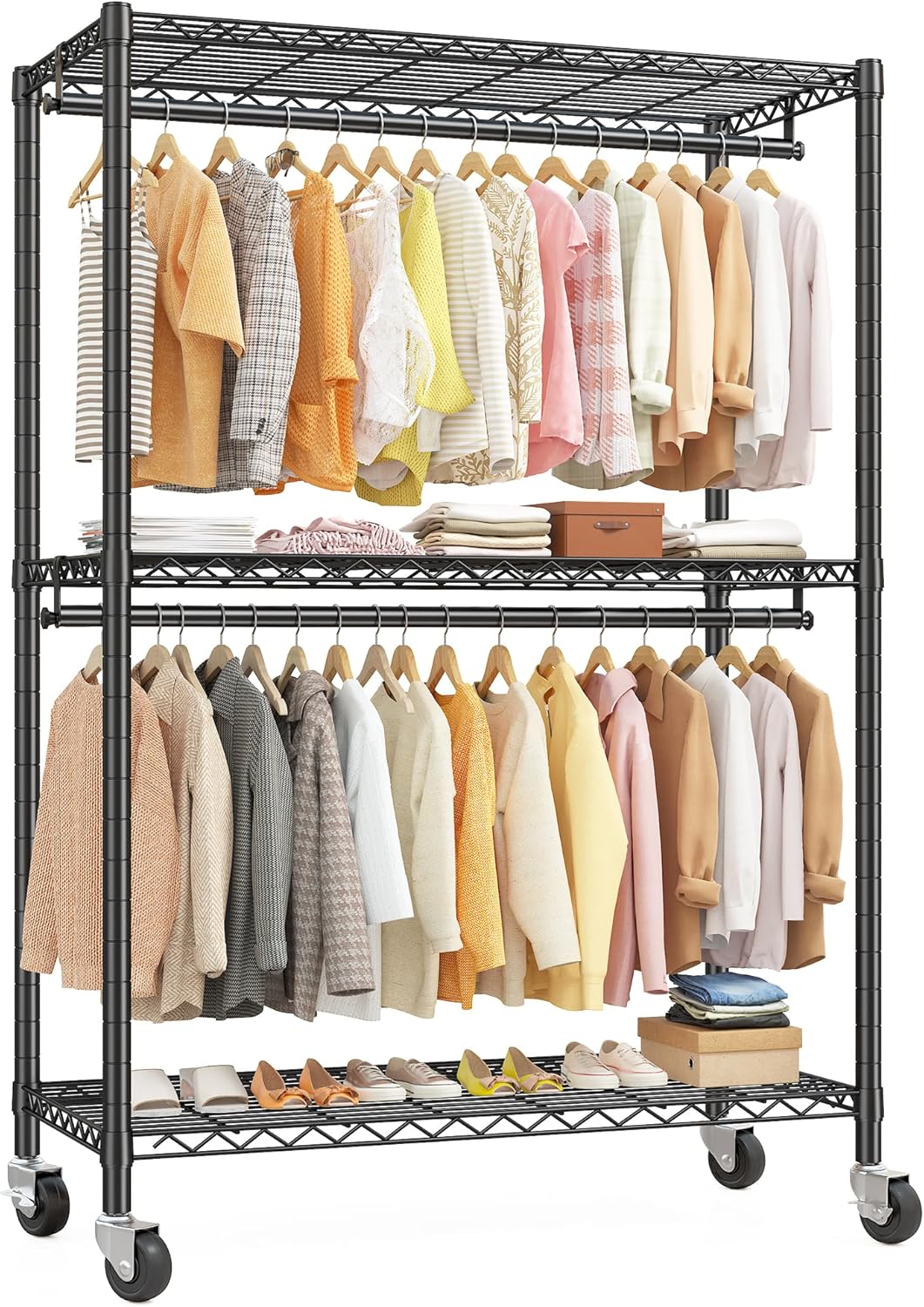 Raybee Clothes Rack with Cover, 81" H Clothing Racks for Hanging Clothes, Portable Closet with Wheels and Adjustable Feets, Max Load 440LBS, Black