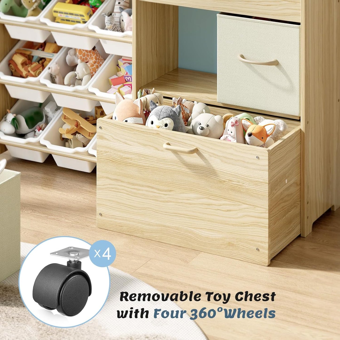 Toy Storage Organizer for Kids, 9-Bin Toy Organizer with 2-Drawers,Movable Toy Chest and Top Rack, Multifunctional Kids Bookshelf and Toy Storage for Living Room, Playroom, Nursery, White