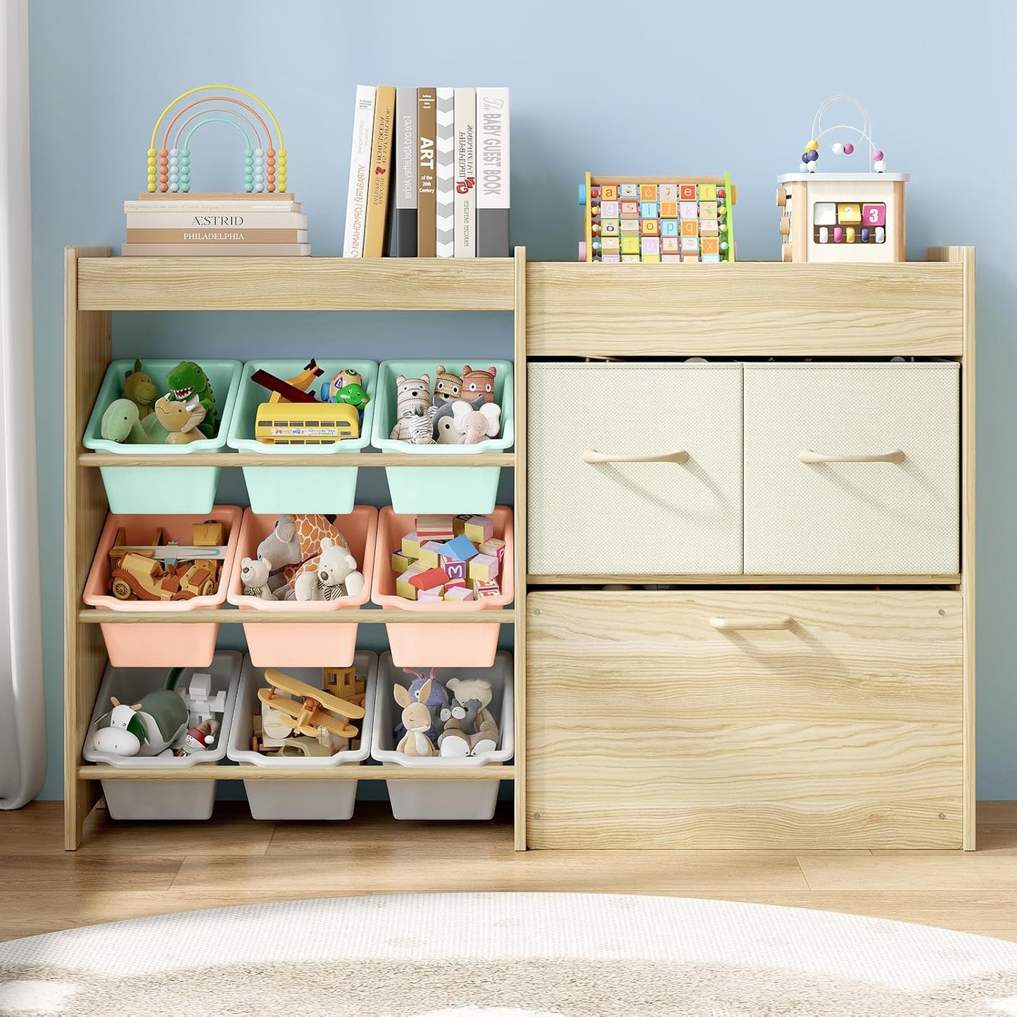 Toy Storage Organizer for Kids, 9-Bin Toy Organizer with 2-Drawers,Movable Toy Chest and Top Rack, Multifunctional Kids Bookshelf and Toy Storage for Living Room, Playroom, Nursery, White