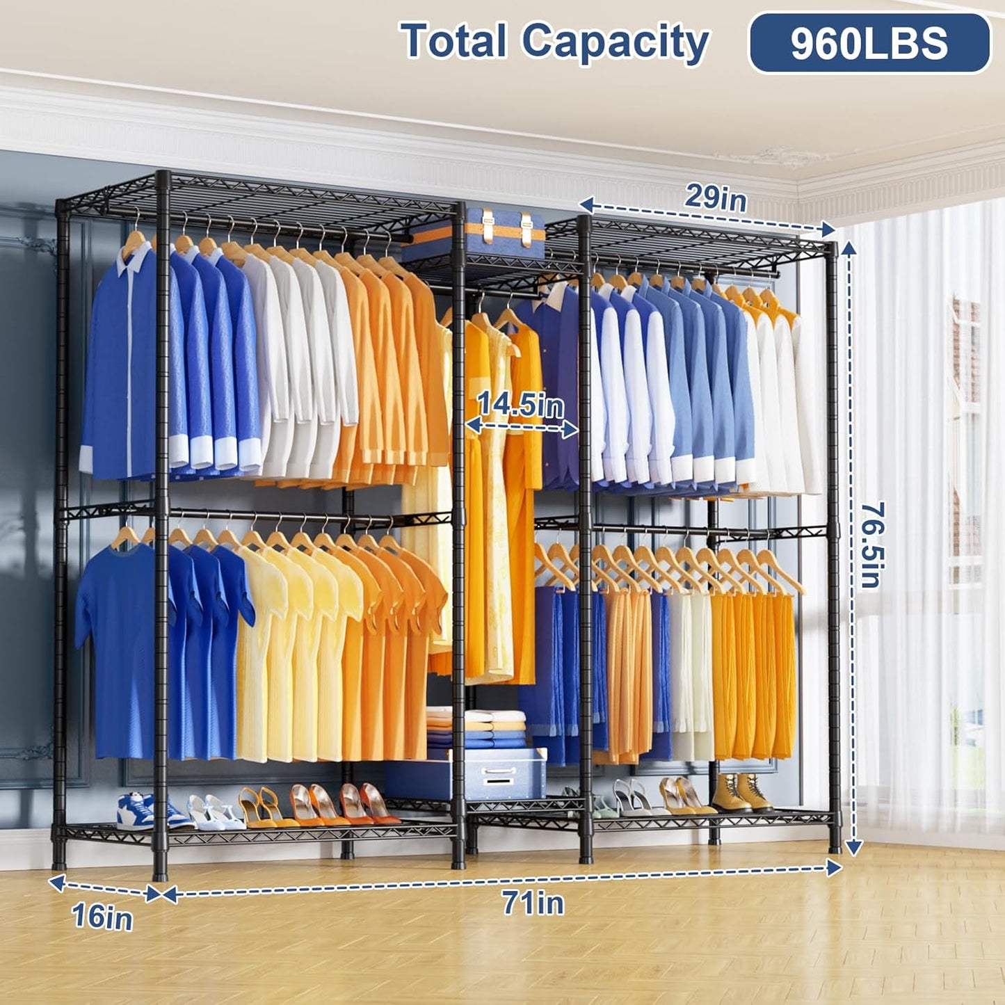 Ulif E12 Clothes Rack，Heavy Duty Freestanding Garment Rack with Shelves，Metal Clothing Closet Storage System for Hanging Clothes，71" W x 16" D x 76.5" H, Hold 960 lbs，Black