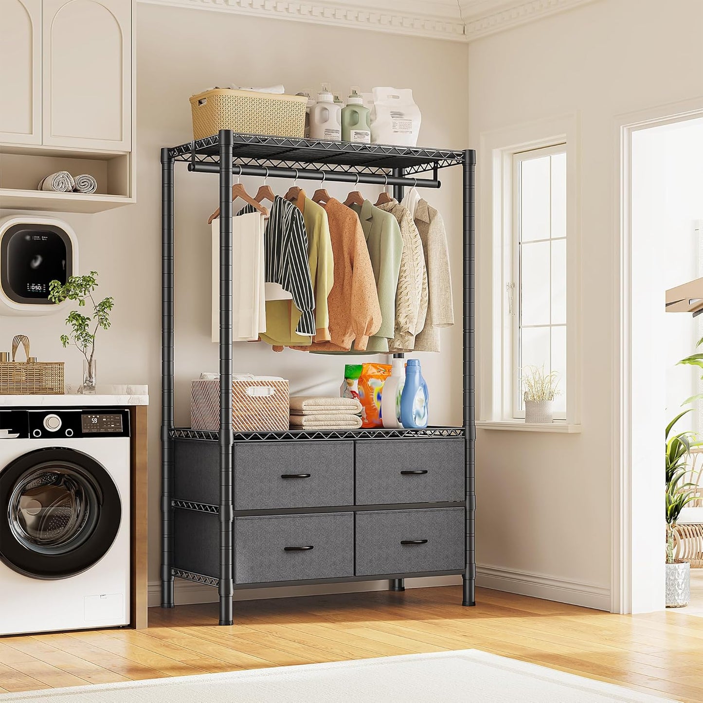 Raybee Clothing Rack Heavy Duty Clothes Rack for Hanging Clothes Adjustable Wardrobe Closet with 4 Drawers Freestanding Garment Rack for Extra Closet Space, Black