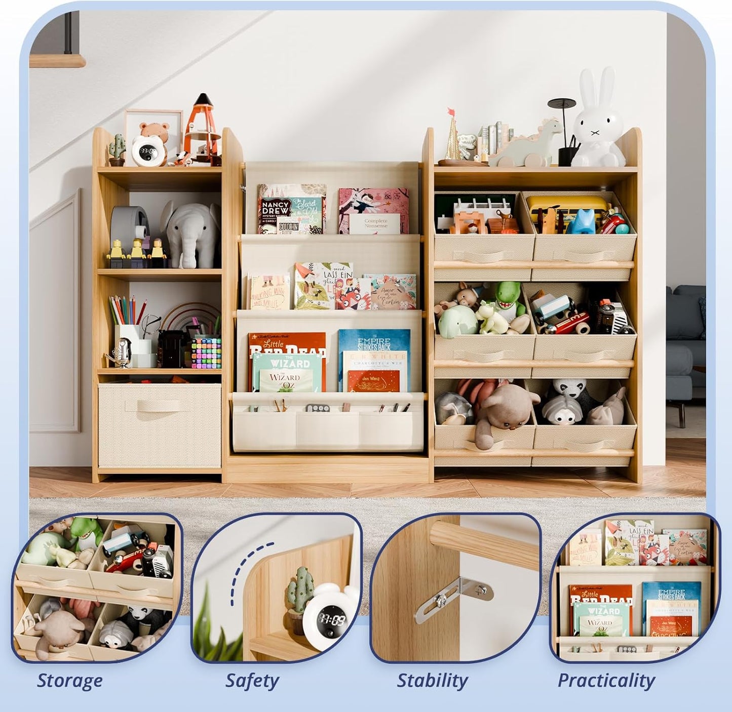 Kids Toy Book Storage Oranizer - Large Bookshelf with 7 Removable Bins, Baby Bookshelf and Toy Storage, 4-Tier Book Shelf for Kids Room, Playroom, Classroom, 51 inch, Burlywood
