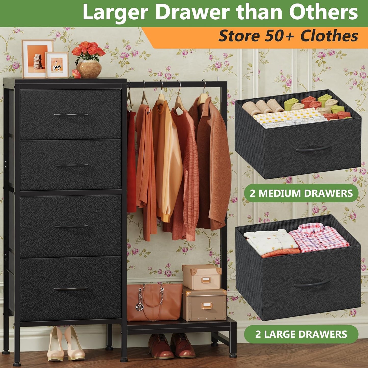 Dresser with Hanging Rack, 4 Drawers Small Closet for Bedroom, Reversible Fabric Kids Chest of Drawers with Clothes Rack, Tall Storage Tower, Sturdy Frame, Black, 44''H