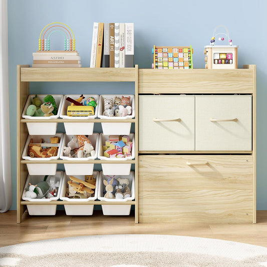 Toy Storage Organizer for Kids, 9-Bin Toy Organizer with 2-Drawers,Movable Toy Chest and Top Rack, Multifunctional Kids Bookshelf and Toy Storage for Living Room, Playroom, Nursery, White
