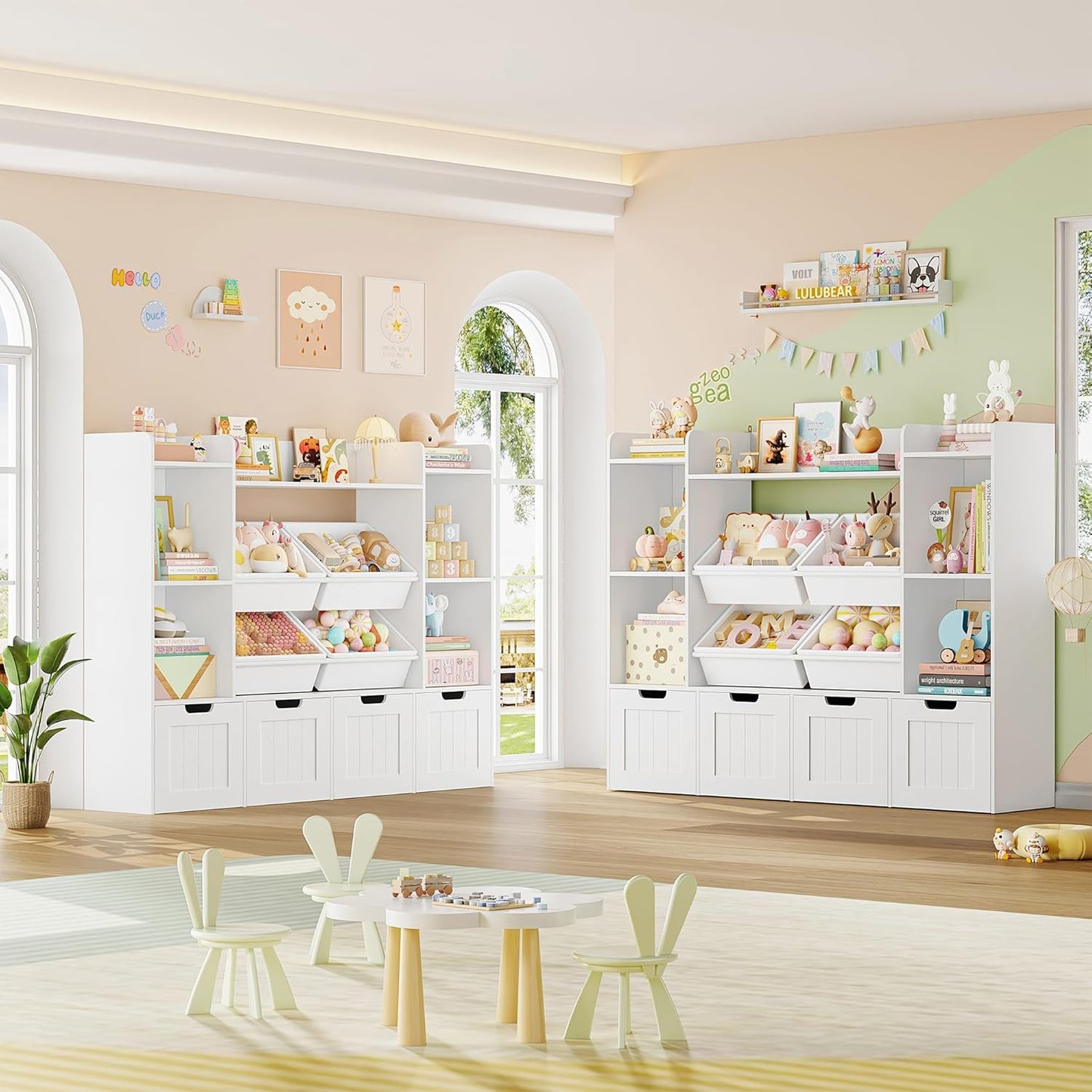 Toy Storage Organizer, Toy Organizer with 4 Movable Drawers and 4 Box Bins, Kids Playroom Storage Organization with Hidden Wheels for Living Room, Kids Room