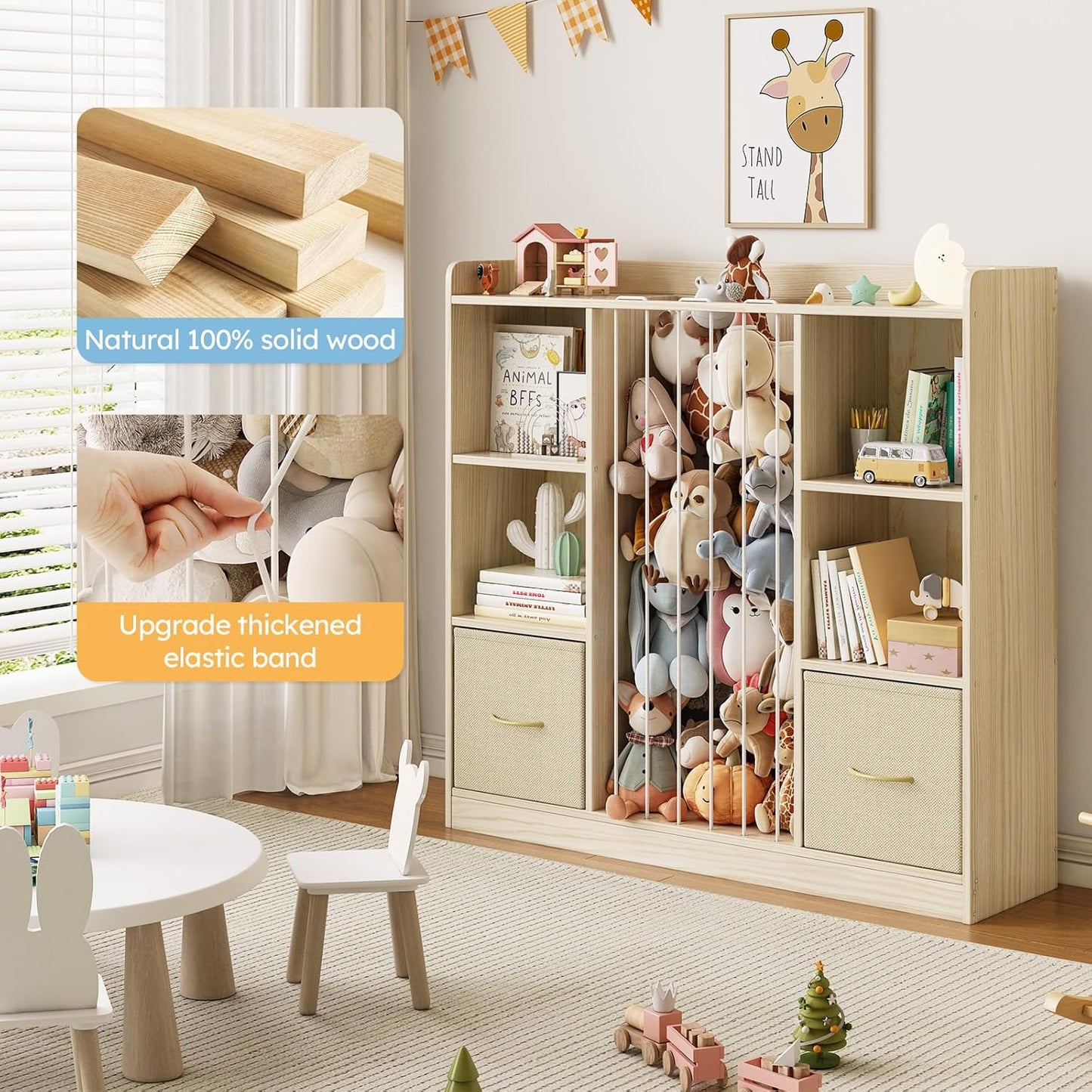 Toy Storage Organizer with Stuffed Animal Storage, Wooden Toy Organizer & Stuffed Animal Zoo, 6 Cubes Shelf with Removable Drawers, 4 -in-1 Book Shelf for Kids Room, Playroom, Nursery