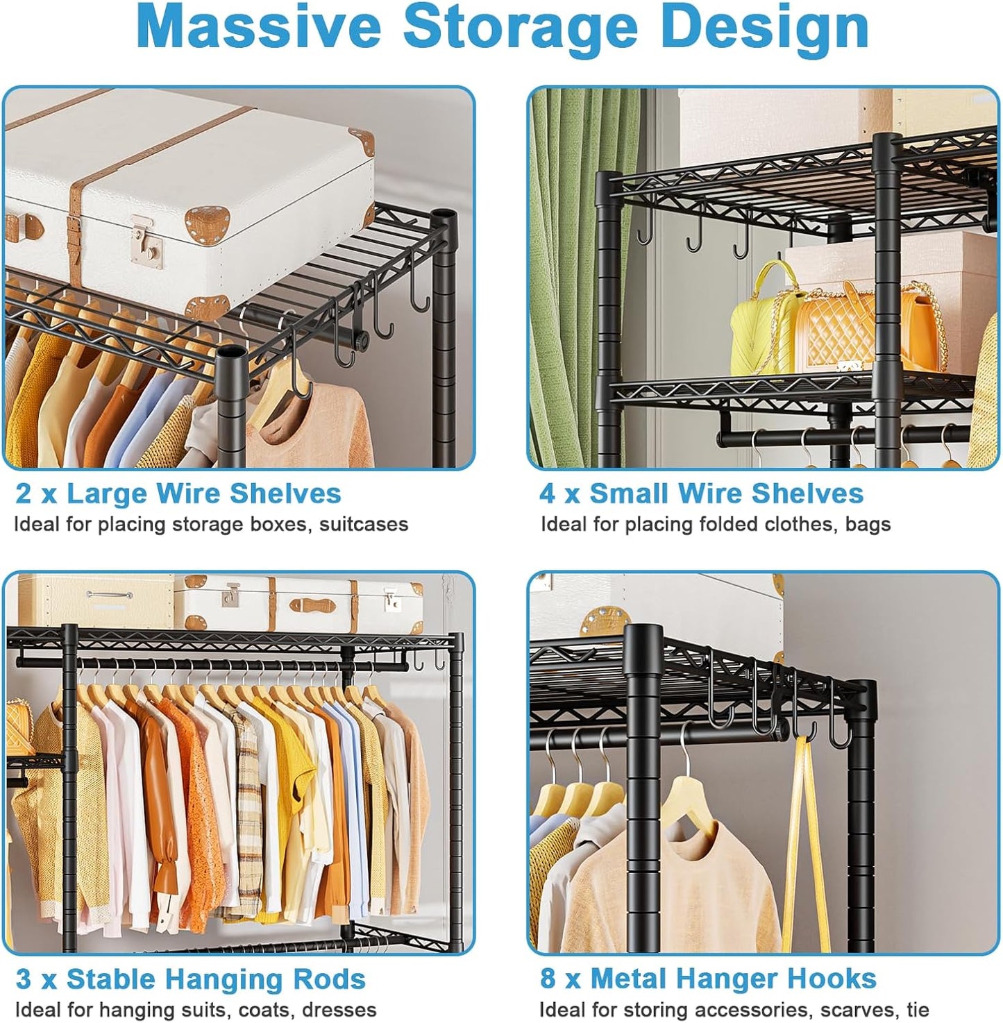 Ulif F7 Garment Rack, Heavy Duty Clothes Rack, Clothing Racks for Hanging Clothes, 6-Tiers Freestanding Portable Closet Storage Rack 58'' W × 14.6'' D × 76.6'' H, Max Load 800 Lbs, Black