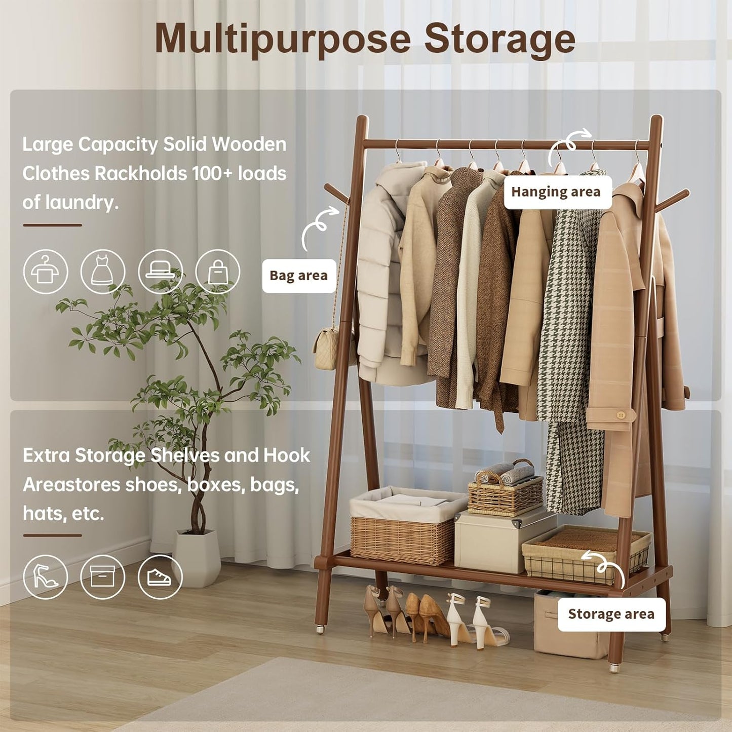 Solid Wood Clothing Rack, Rolling Clothes Rack for Hanging Clothes, Garment Rack with Shelves Load 350 Lbs, Portable Closet Organizer on Wheels for Hanging Clothes (Walnut)