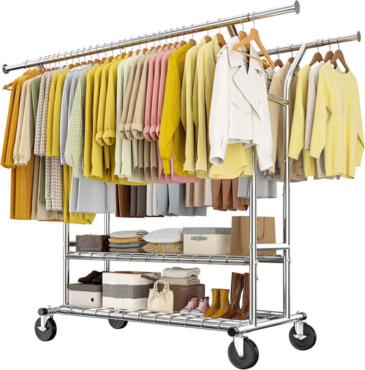 Raybee 74" W Clothes Rack, Clothing Rack, Double Rods Clothing Racks for Hanging Clothes, Load 441 LBS Heavy Duty Clothes Rack with Wheels, Adjustable Garment Rack Portable