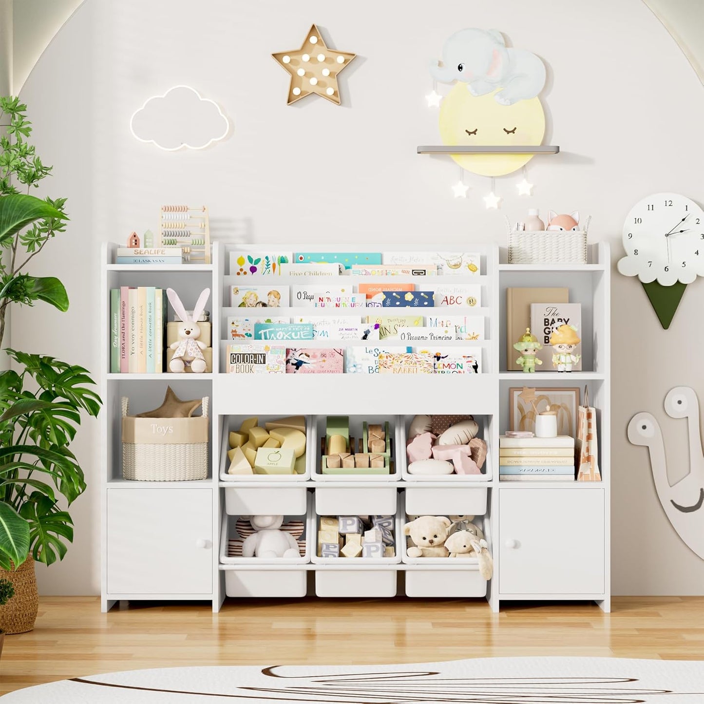 FINETONES Toy Storage Organizer with 6 Toy Bins, Toy Organizer Kids Bookshelf with 6 Cubbies, Toy Organizers and Storage Bins Playroom Storage for Kids Room, White
