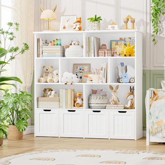 FINETONES Toy Storage Organizer, Kids Bookshelf with 4 Movable Chests and 7 Storage Cubes, Toy Chest Storage with Hidden Wheels, Toy Organizers and Toy Storage, White