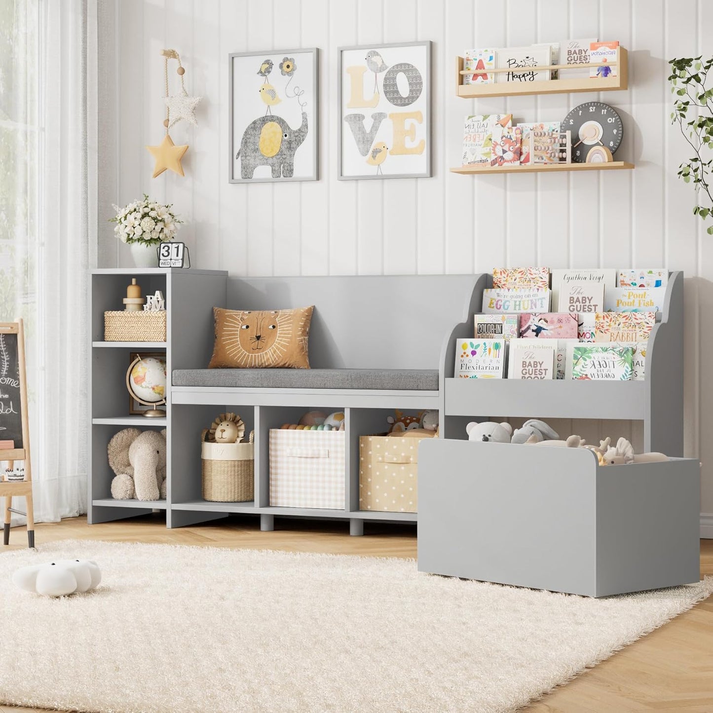HOSTACK 67" Kids Reading Nook with Bench, Kids Bookshelf and Bookcase with Seat Cushion and 6 Storage Cubbies, Toy Storage Box on Wheels, Toy Chest for Playroom, Bedroom, School, White