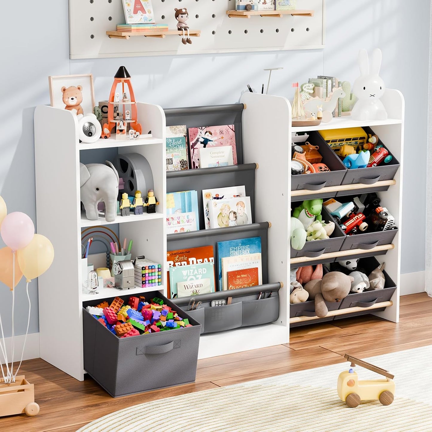 Kids Toy Book Storage Oranizer - Large Bookshelf with 7 Removable Bins, Baby Bookshelf and Toy Storage, 4-Tier Book Shelf for Kids Room, Playroom, Classroom, 51 inch, Burlywood