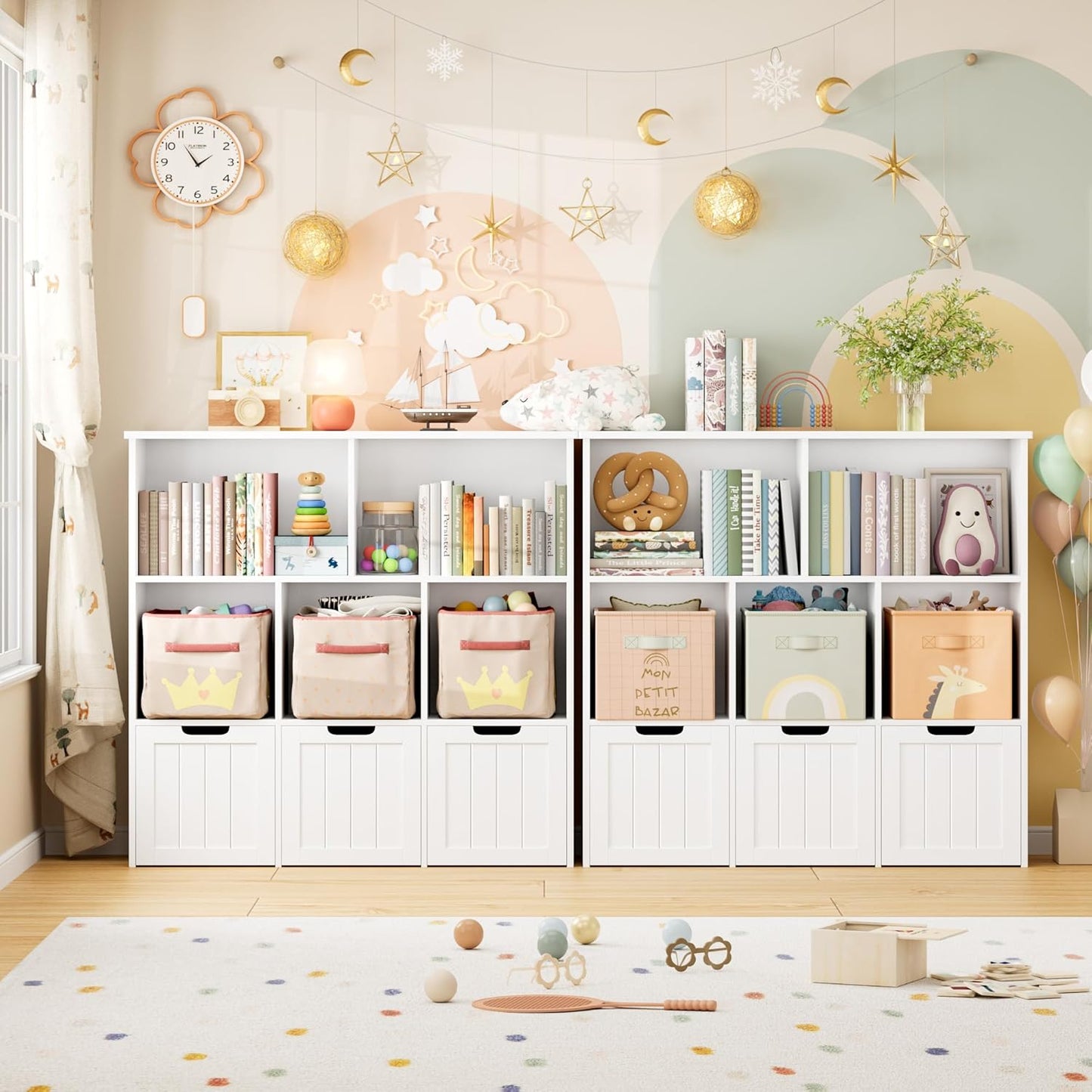 FOTOSOK Toy Storage Organizer with 3 Movable Drawers, Toy Organizer with Hidden Wheels and 5 Open Cubbies, Multifunctional Floor Storage Chest for Playroom, White