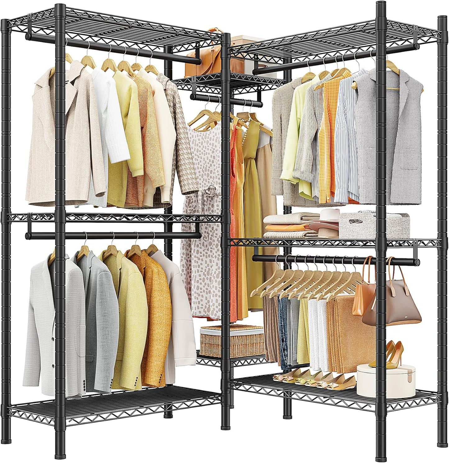 Raybee Clothing Rack Heavy Duty Clothes Rack for Hanging Clothes Adjustable Wardrobe Closet with 4 Drawers Freestanding Garment Rack for Extra Closet Space, Black