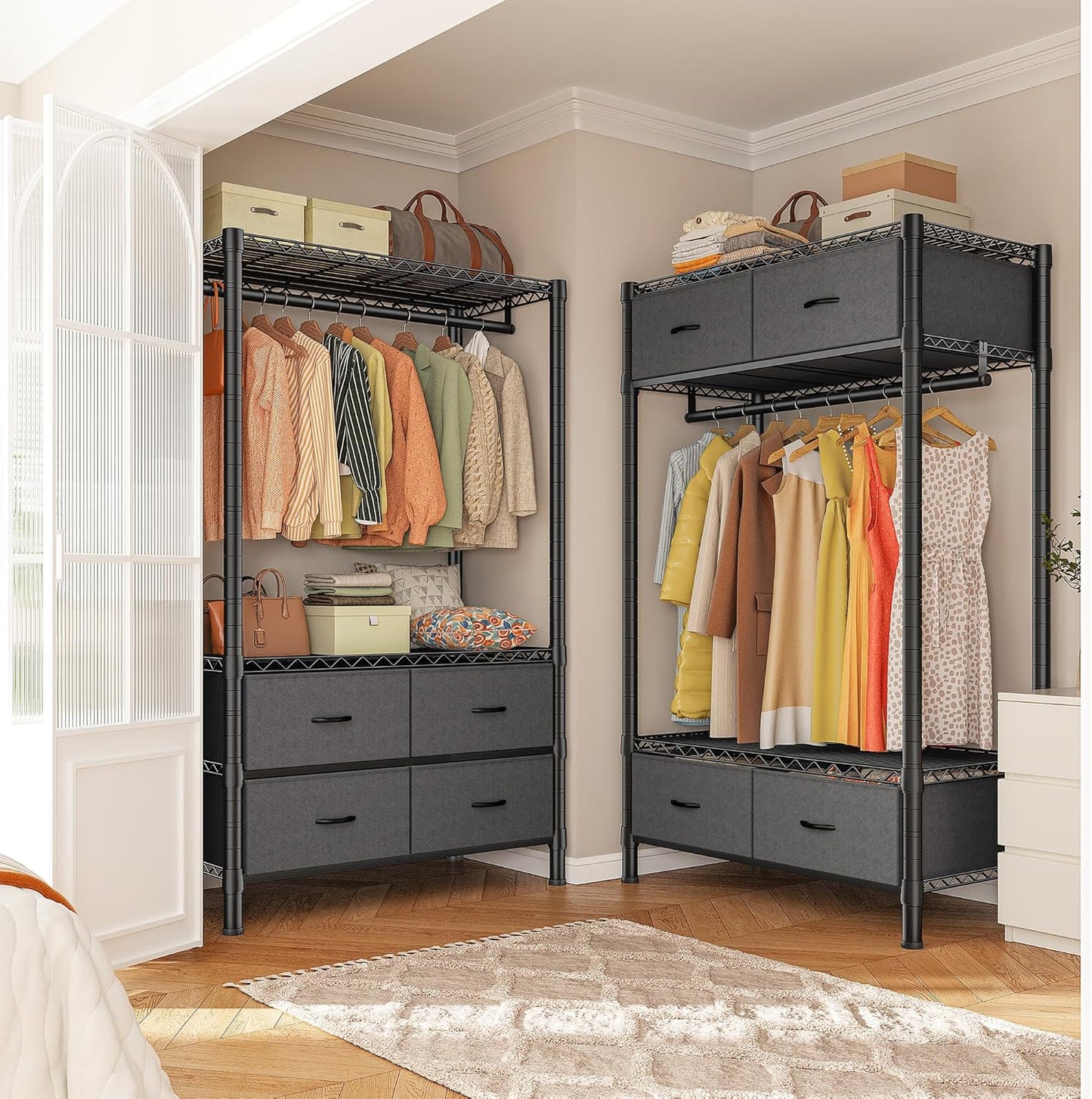 Raybee Clothing Rack Heavy Duty Clothes Rack for Hanging Clothes Adjustable Wardrobe Closet with 4 Drawers Freestanding Garment Rack for Extra Closet Space, Black