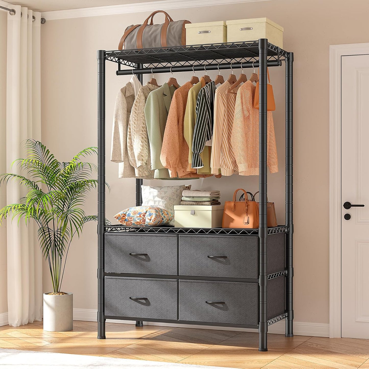 Raybee Clothing Rack Heavy Duty Clothes Rack for Hanging Clothes Adjustable Wardrobe Closet with 4 Drawers Freestanding Garment Rack for Extra Closet Space, Black