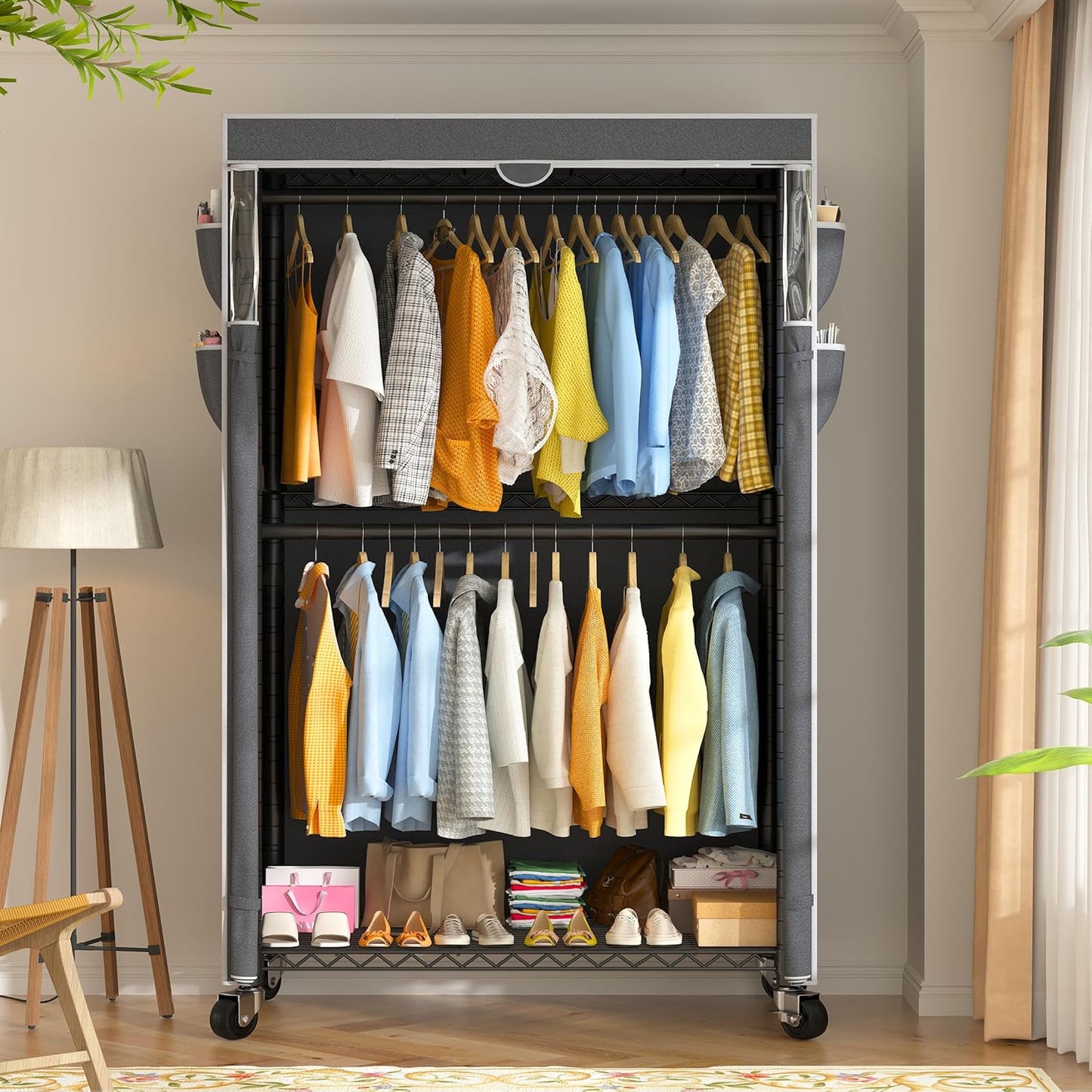 Raybee Clothes Rack with Cover and Wheels,Heavy Duty Clothing Racks for Hanging Clothes Adjustable, Rolling Portable Closet, 35.5" W*15.7" D*79 "H Black