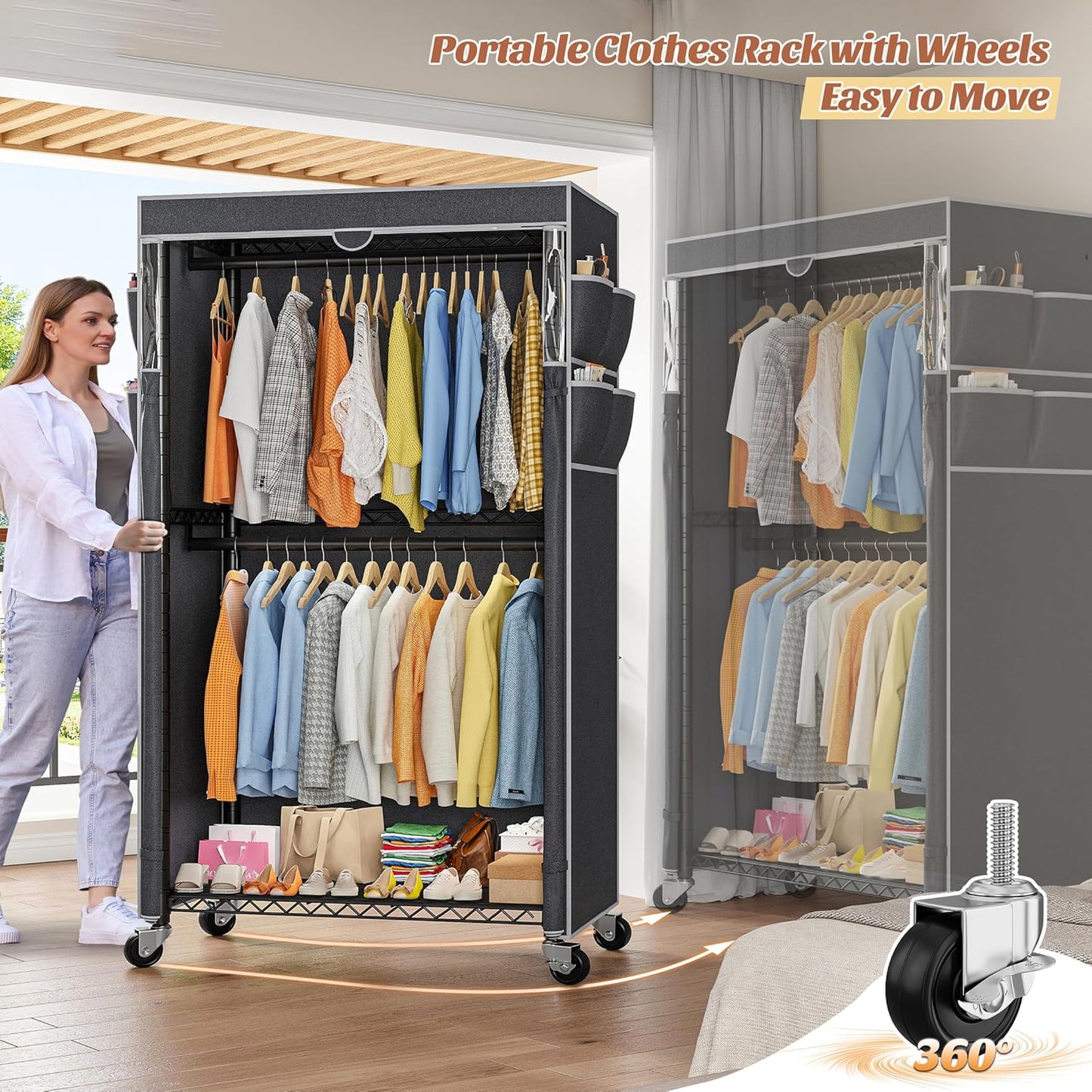 Raybee Clothes Rack with Cover and Wheels,Heavy Duty Clothing Racks for Hanging Clothes Adjustable, Rolling Portable Closet, 35.5" W*15.7" D*79 "H Black