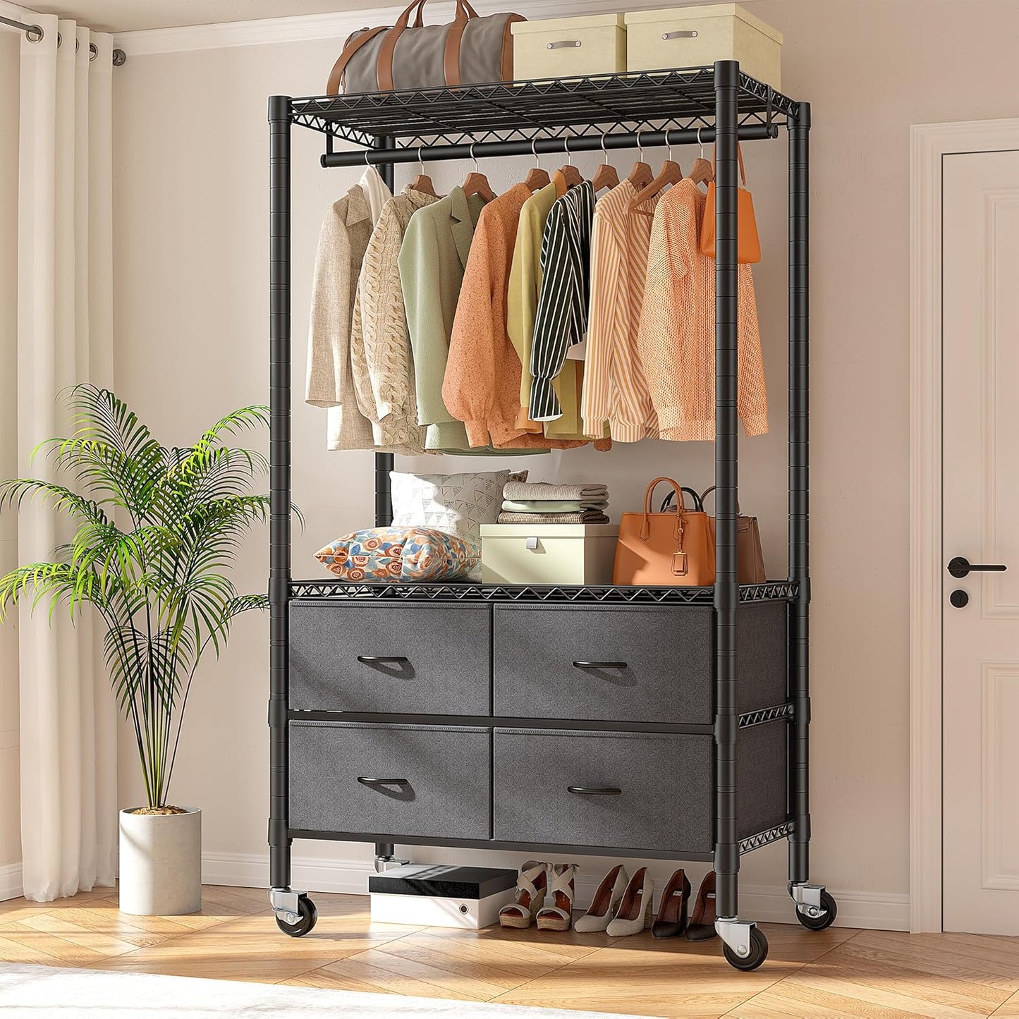 Raybee Clothing Rack Heavy Duty Clothes Rack for Hanging Clothes Adjustable Wardrobe Closet with 4 Drawers Freestanding Garment Rack for Extra Closet Space, Black