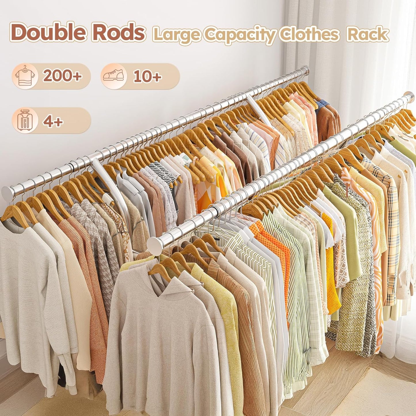 Raybee 74" W Clothes Rack, Clothing Rack, Double Rods Clothing Racks for Hanging Clothes, Load 441 LBS Heavy Duty Clothes Rack with Wheels, Adjustable Garment Rack Portable