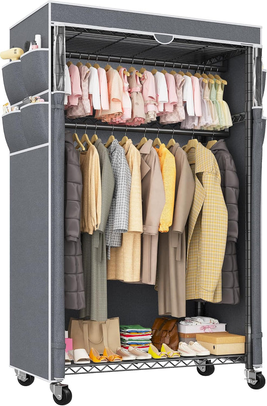 Raybee Clothes Rack with Cover and Wheels,Heavy Duty Clothing Racks for Hanging Clothes Adjustable, Rolling Portable Closet, 35.5" W*15.7" D*79 "H Black