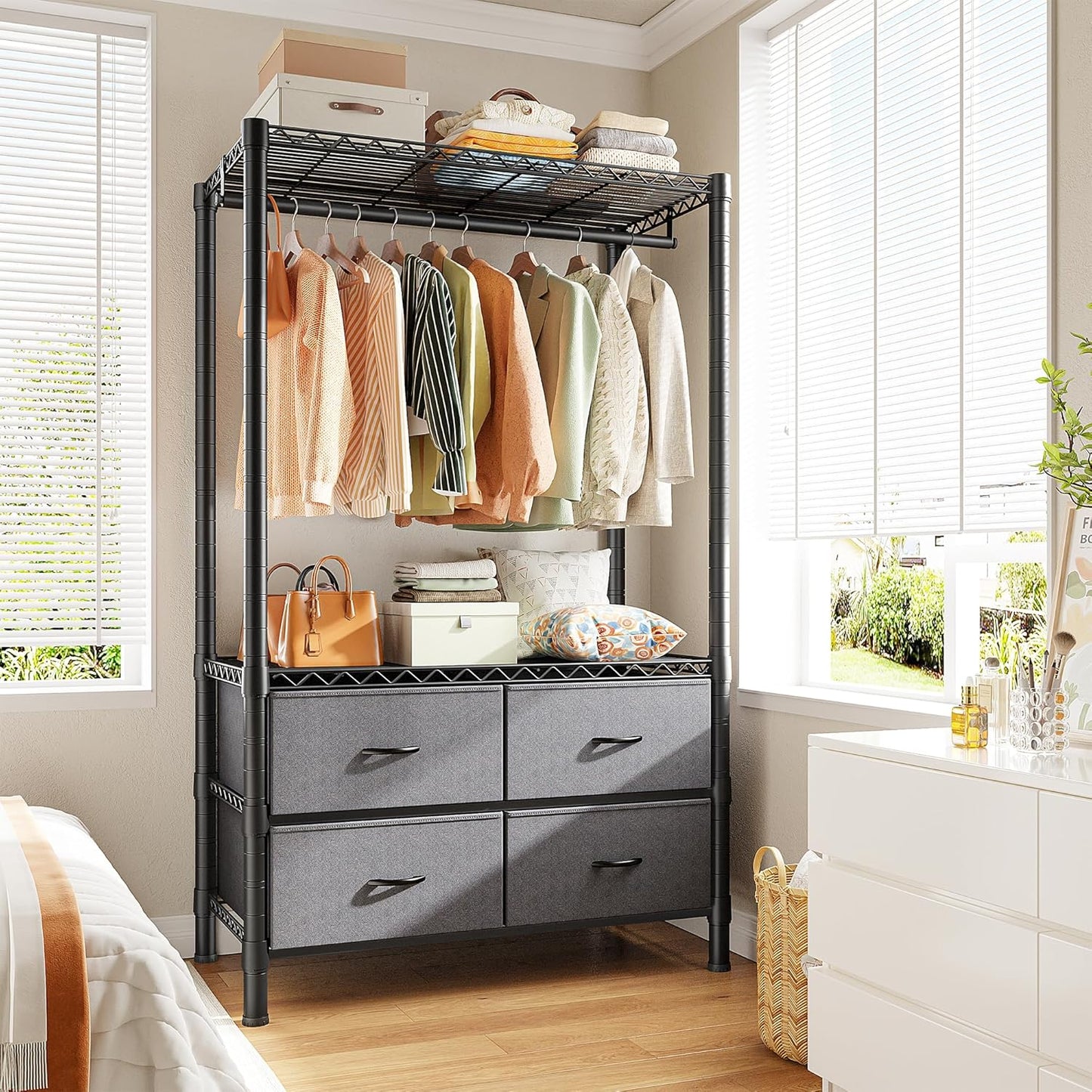 Raybee Clothing Rack Heavy Duty Clothes Rack for Hanging Clothes Adjustable Wardrobe Closet with 4 Drawers Freestanding Garment Rack for Extra Closet Space, Black