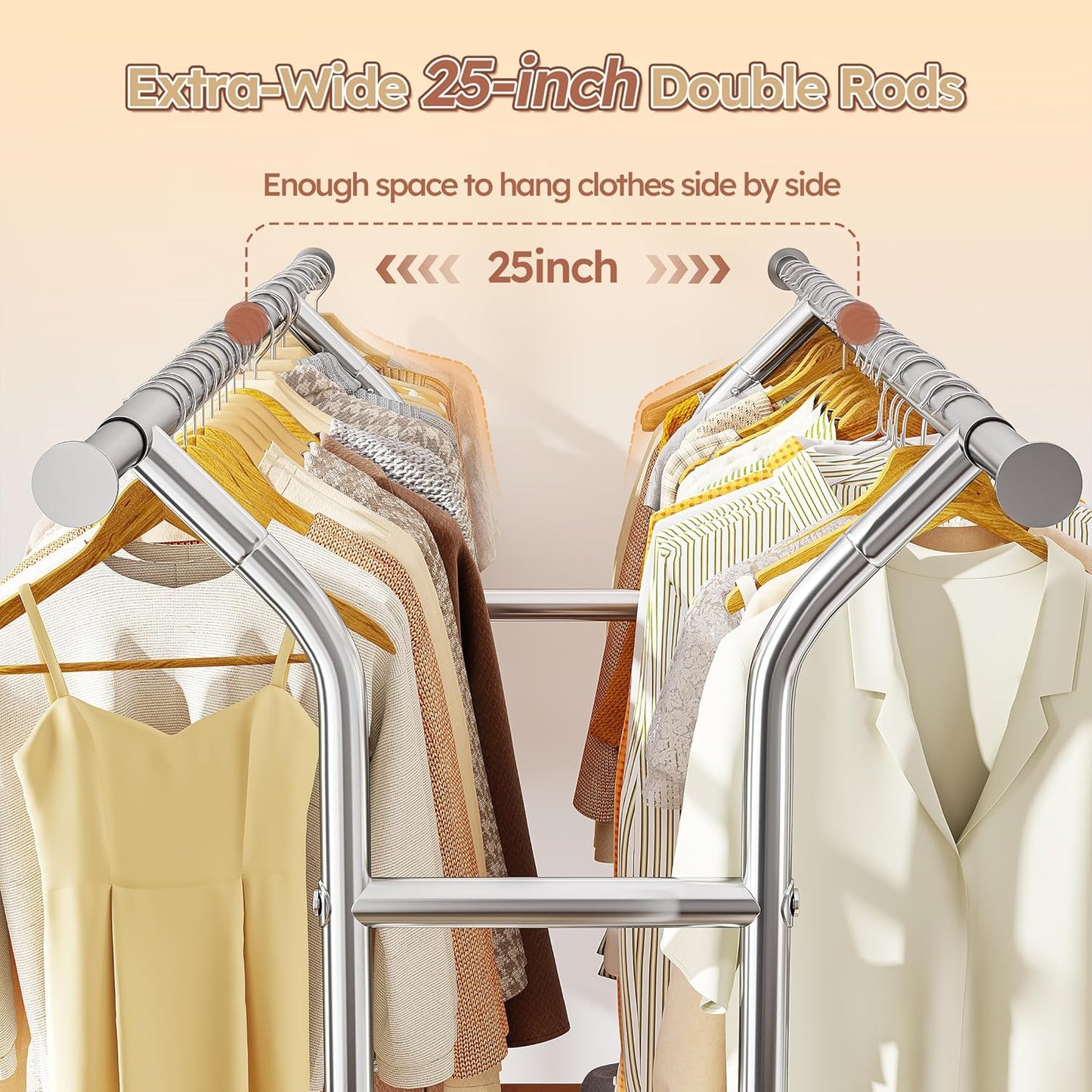 Raybee 74" W Clothes Rack, Clothing Rack, Double Rods Clothing Racks for Hanging Clothes, Load 441 LBS Heavy Duty Clothes Rack with Wheels, Adjustable Garment Rack Portable